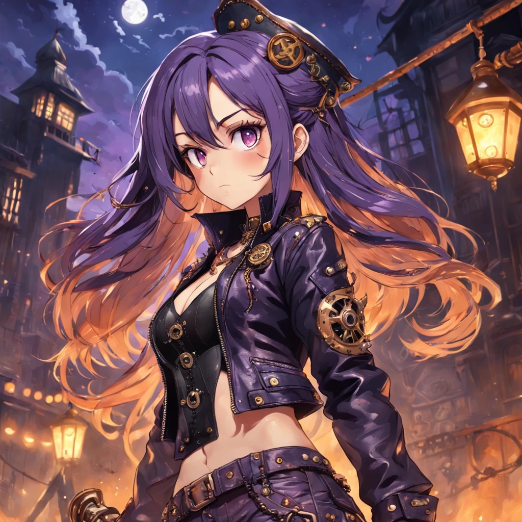 persian cat Anthropomorphic, steampunk ,, , studded leather jacket with intricate ornamentation orange and purple , pirate steampunk theme,, , highest quality,, very angry face, body fitness, full body, long hair with braids , at night in the cemetery with fireflies