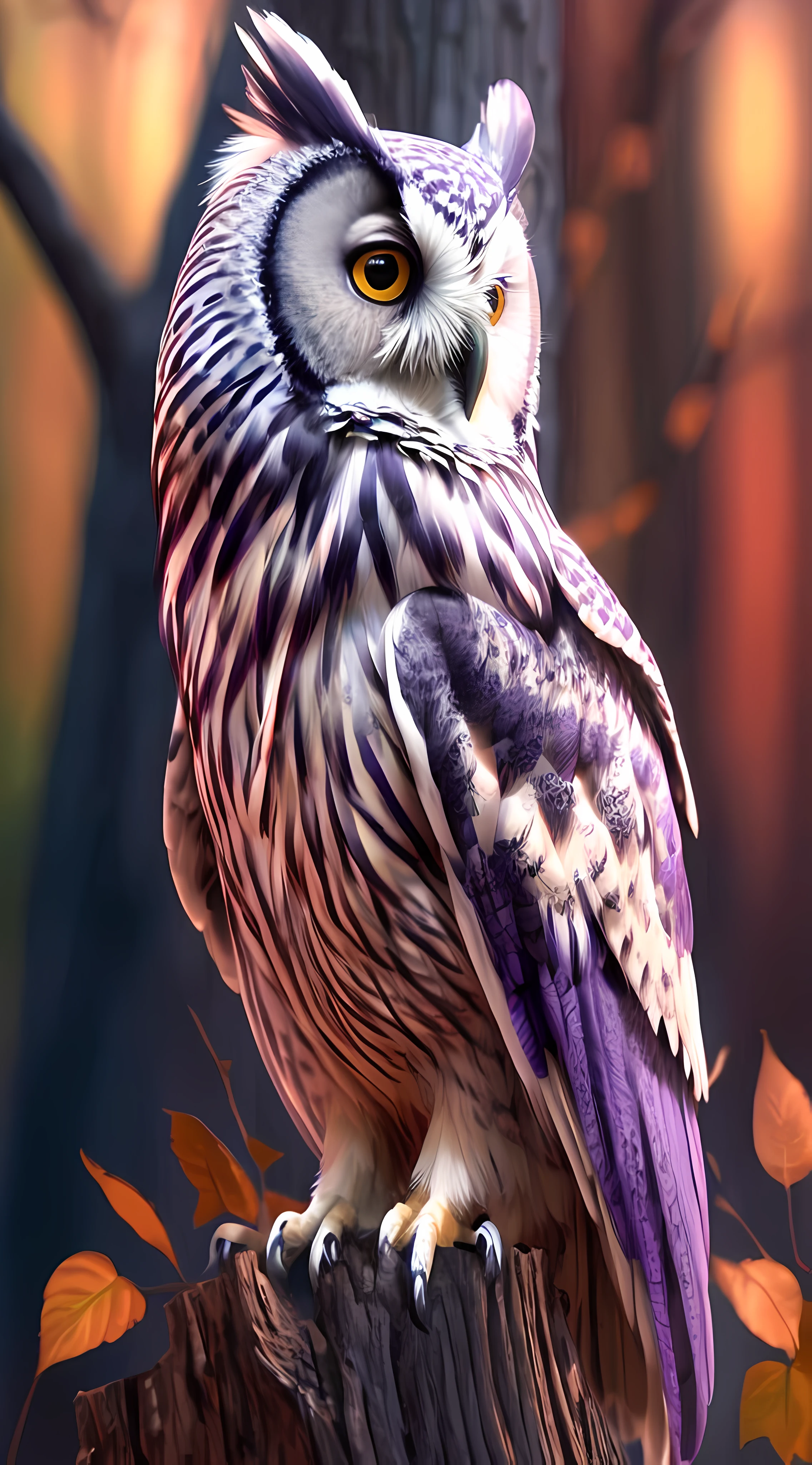 There is a purple and white owl sitting on a tree stump, Animais bonitos detalhados, Coruja Radiante, coruja incandescente, 8k arte detalhada de alta qualidade, coruja bonito, altamente detalhado realista, coruja branca brilhante, arte detalhada, bela arte digital, pintura digital altamente detalhada, arte digital altamente detalhada, cores realistas detalhadas, Grande arte digital com detalhes, realista altamente detalhado