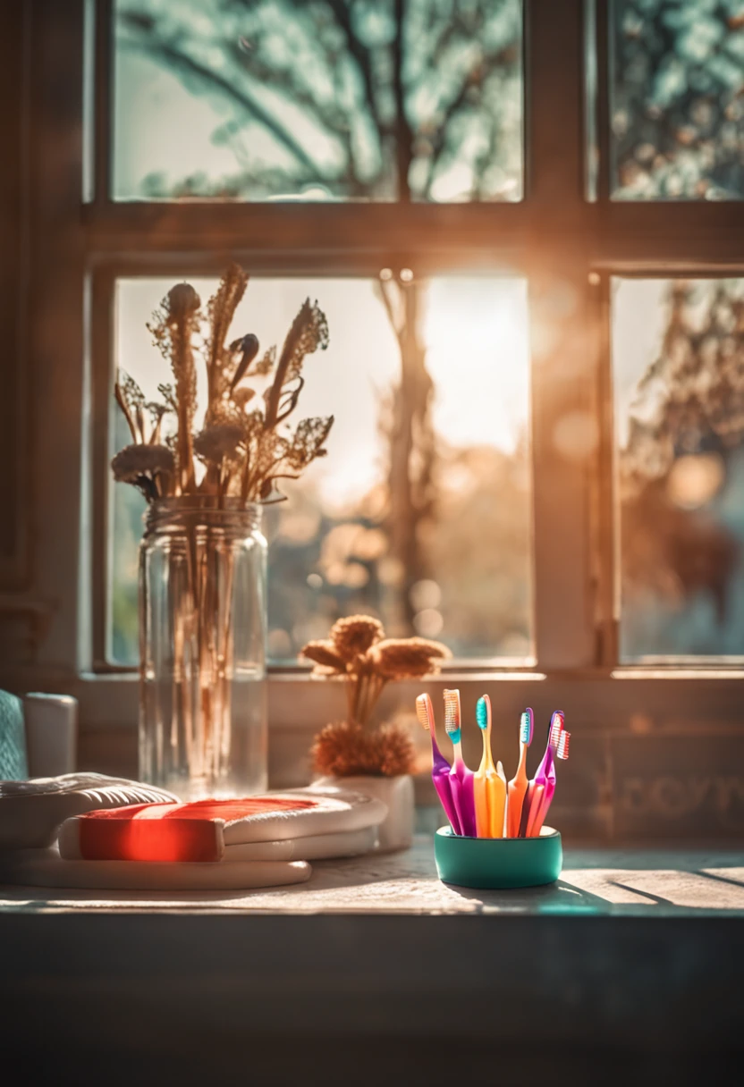 Toothbrush on the table early morning sun home