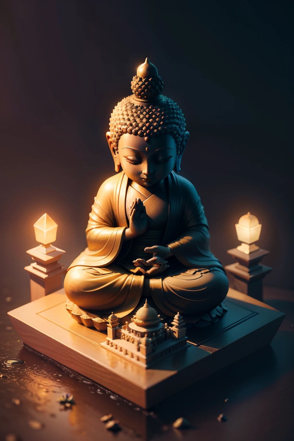 isometric design，A big Buddha，Sit on the lotus platform，Close your eyes，Lotus in hand，Buddha，rainbowing，mini sence，adolable，dream magical，Incredibly detailed background，Detailed items