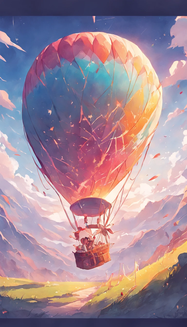 Color enhancement,High contrast,Light rays are oblique,k hd,dream magical,high saturated,High brightness,k hd,dream magical,There is a picture of a hot air balloon flying over a mountain, dreamlike illustration, main body,Hot air balloon close-up, Cute detailed digital art, blurry and dreamy illustration, illustratio, , Beeple and Jeremiah Ketner, illustratio, trend on behance 3d art, trend on behance 3 d art, adorable digital art
