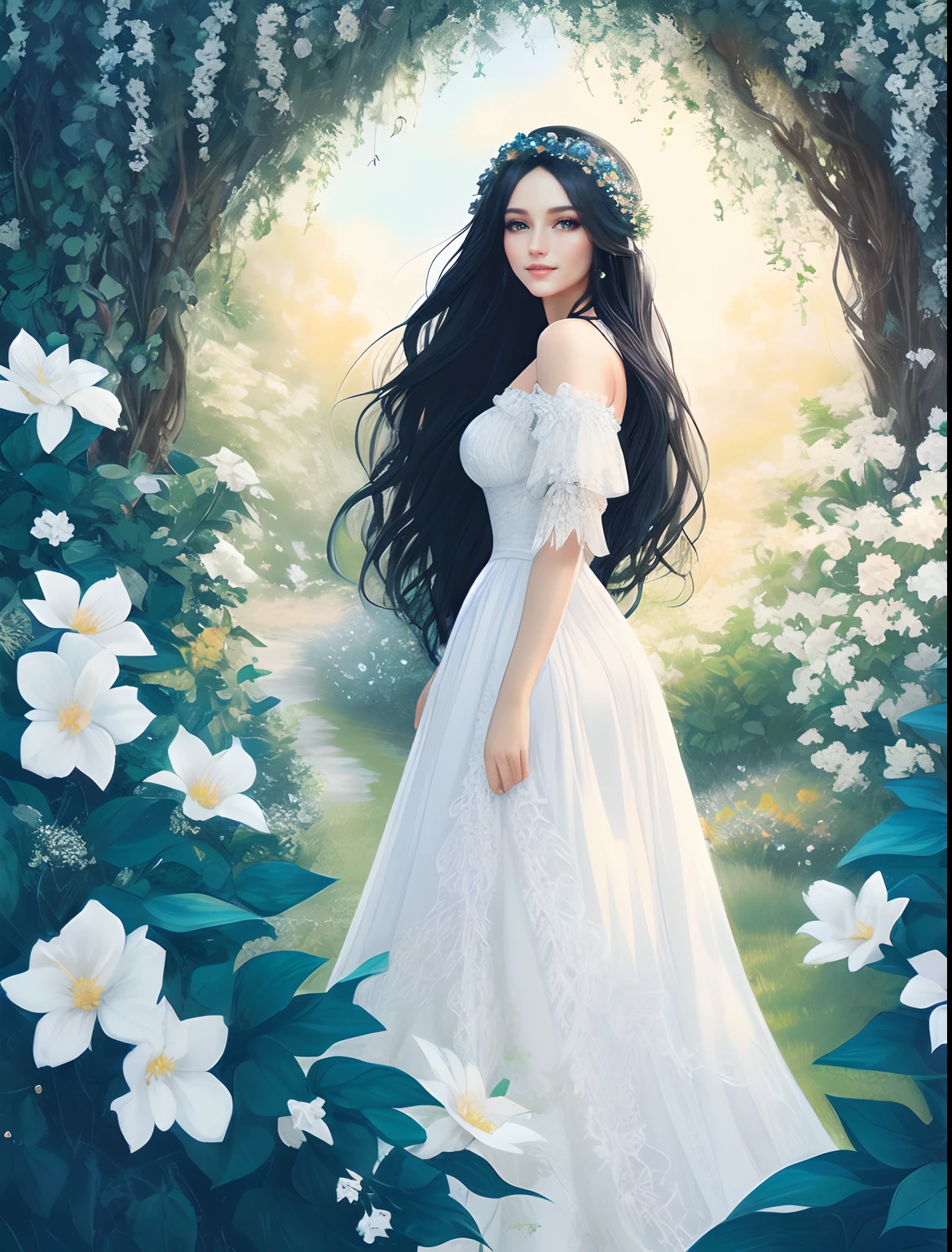 a woman in a white dress standing in a garden with flowers, linda donzela fantasia, donzela bonita, sorrindo como uma rainha de fadas, persephone in spring, Deusa da Primavera, ethereal fairy tale, fantasy fairytale story, bela arte de fantasia, fantasia bonita, Luthien, Ethereal Fantasy, beautiful elven princess, bela fantasia, fada bonita, bela arte digital, Elven Princess