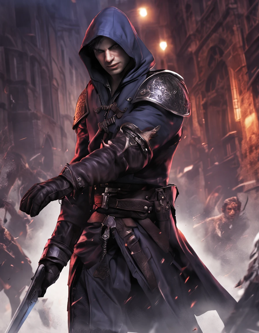 (superfine illustration, Best Quality, Ultra-detailed, medieval:1.5), (proficient male assassin, male focus, solo:1.5), fighting pose, (unapproachable vibe, Lack of emotional ups and downs, Perfect fingers, Perfect hands:1.5), 25 years old, (toned:0.9), (assassin costume, assassin cloak, fingerless gloves), empty church background, dusk, male hair, extremely short hair, purple hair, combed-back hair, male face, male eyebrows, sharp eyes , sharp nose, forehead, dynamic angle,