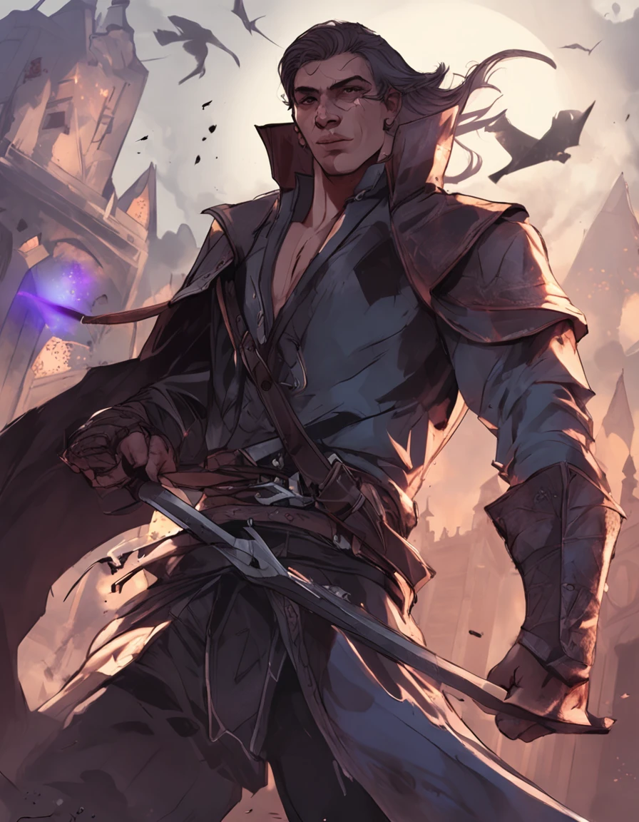 (superfine illustration, Best Quality, Ultra-detailed, medieval:1.5), (proficient male assassin, male focus, solo:1.5), fighting pose, (unapproachable vibe, Lack of emotional ups and downs, Perfect fingers, Perfect hands:1.5), 25 years old, (toned:0.9), (assassin costume, assassin cloak, fingerless gloves), empty church background, dusk, male hair, extremely short hair, purple hair, combed-back hair, male face, male eyebrows, sharp eyes , sharp nose, forehead, dynamic angle,