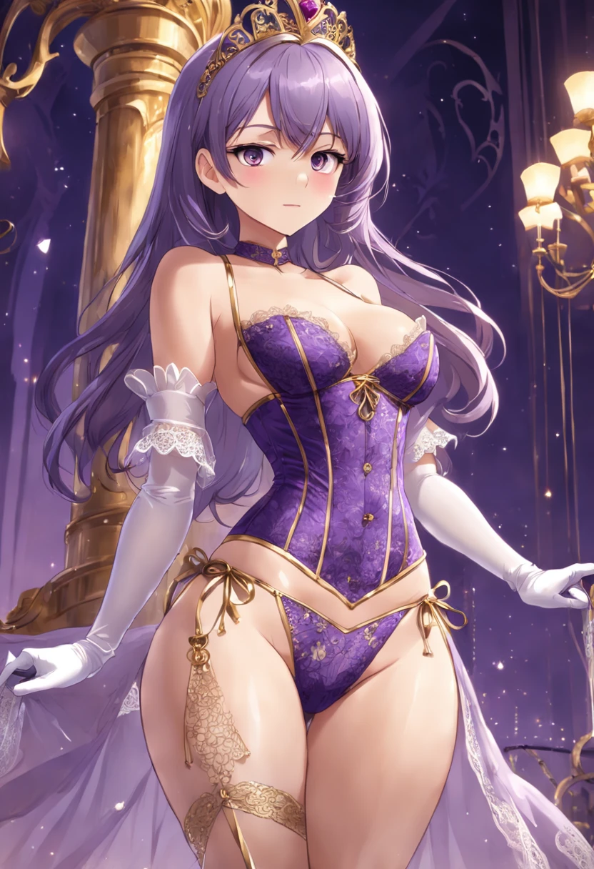 "A confident princess adorned in regal purple attire, flaunting intricate lace details and sparkling gold high heels. gold sling bikini, elegant white silk gloves, and a cinched corset."