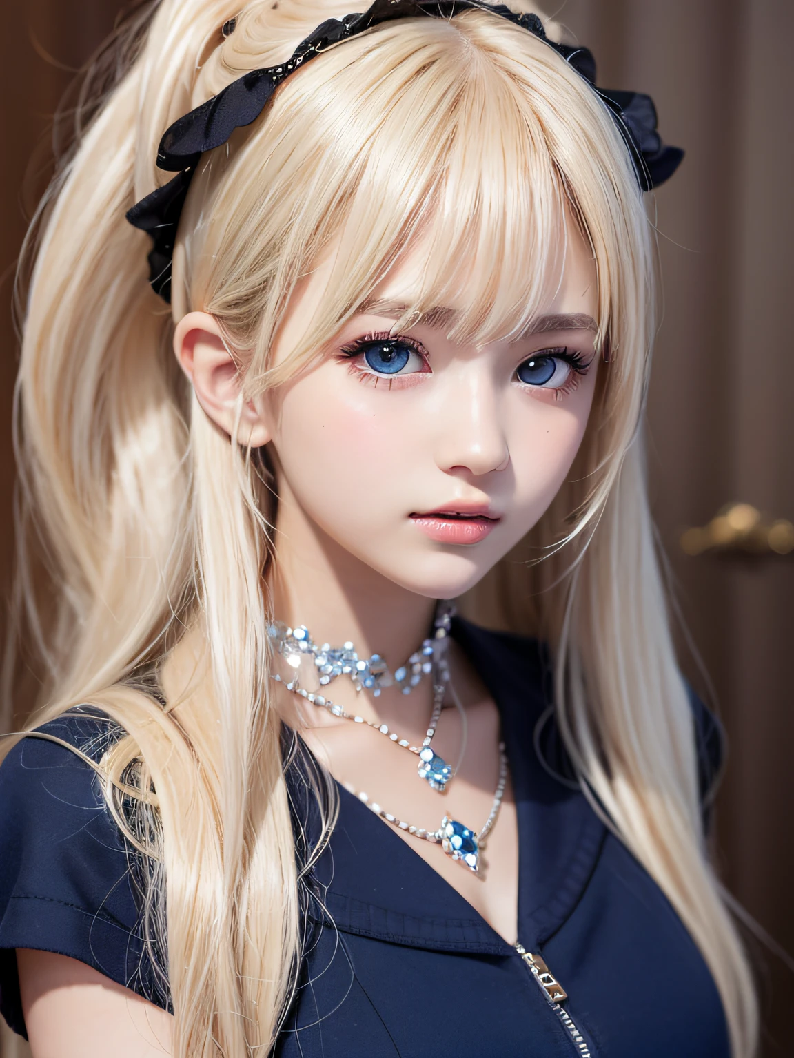 portlate、School Uniforms、bright expression、poneyTail、Young shiny shiny white shiny skin、Best Looks、Blonde reflected light、Platinum blonde hair with dazzling highlights、shiny light hair,、Super long silky straight hair、Beautiful bangs that shine、Glowing crystal clear attractive big blue eyes、Very beautiful nice cute girl、Lush bust