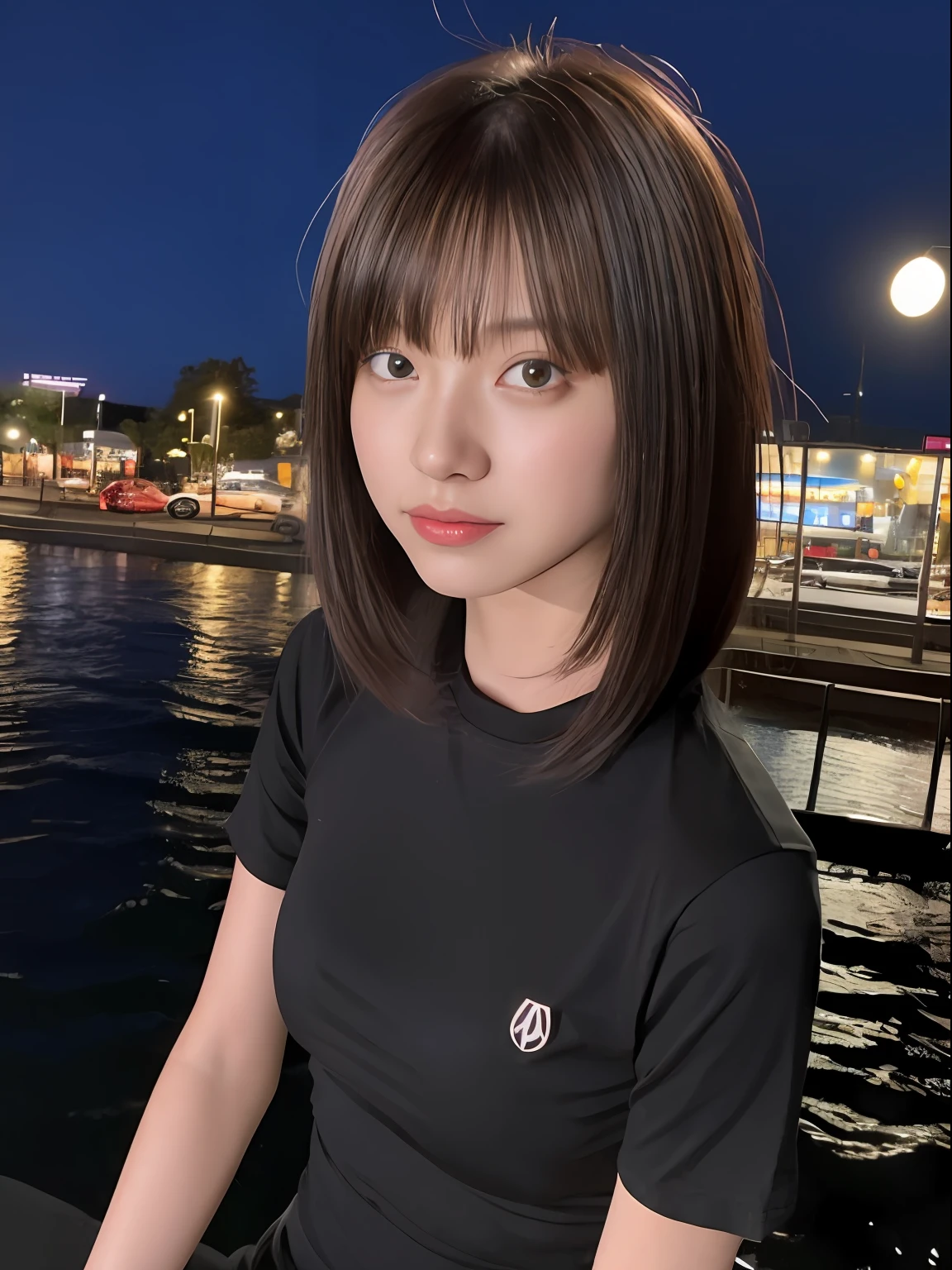 ((mid night, Acura, 8K, tmasterpiece: 1.3)), full body Esbian, long legged, Focalors: 1.2, Perfect figure beautiful woman: 1.4, Slim abs: 1.1, (dark brown hair,: 1.2 )), (Pink Skinny T-Shirt, falda corta,Sitting on Stool: 1.2), (city night scene, teto: 1.3)), Highly detailed face and skin textures, detailedeyes, 二重まぶた,