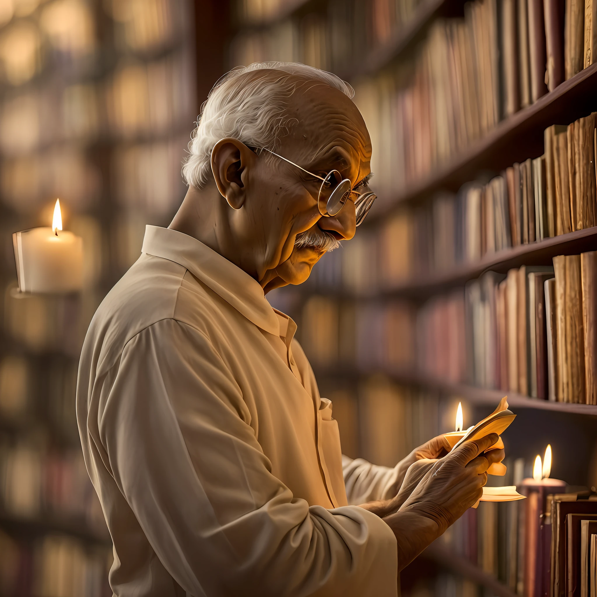 Mahatma Gandhi within a subdued library, candles casting a gentle luminescence on shelves of scrolls. the  Gandhi sits in  captured against the Close-up, focusing on Gandhi's profile and his serene presence in the softly lit ambiance --auto --s2