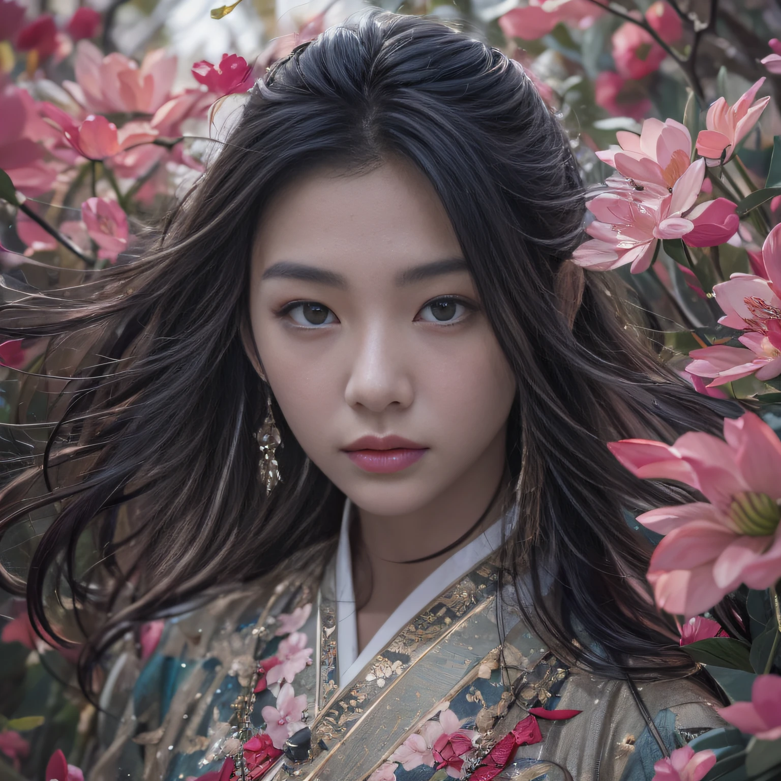 32K（tmasterpiece，k hd，hyper HD，32K）Long flowing black hair，ponds，zydink， a color，  Asian people （Silly girl）， （Silk scarf）， Combat posture， looking at the ground， long whitr hair， Floating hair， Carp pattern headdress， Chinese long-sleeved clothing， （abstract ink splash：1.2）， Pink petal background，Pink and white lotus flowers fly（realisticlying：1.4），Black color hair，Fallen leaves flutter，The background is pure， A high resolution， the detail， RAW photogr， Sharp Re， Nikon D850 Film Stock Photo by Jefferies Lee 4 Kodak Portra 400 Camera F1.6 shots, Rich colors, ultra-realistic vivid textures, Dramatic lighting, Unreal Engine Art Station Trend, cinestir 800，Long flowing black hair