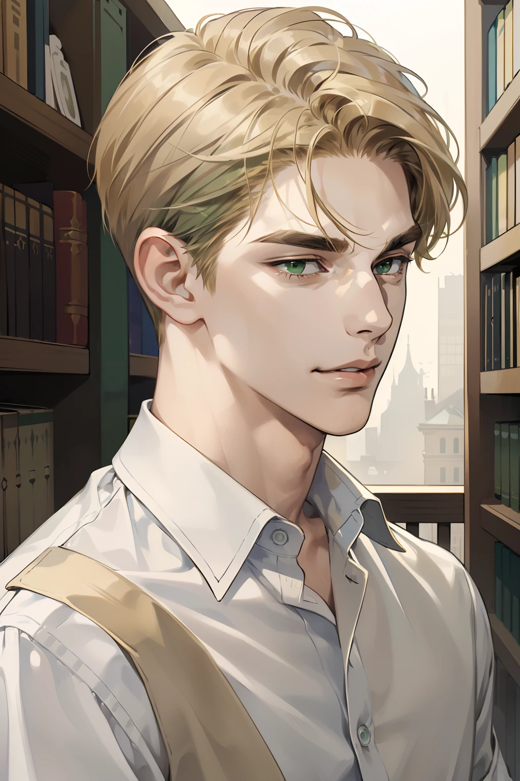 masterpiece, best quality, realistic, 1man, mature male, quiet and charming young man, 18 years old, a smirk, closed mouth, portrait, extremely detailed face, a little distant, ((dark green eyes)), ((short-side-swept sandy blonde hair)), [thick eyebrows], library, ((White shirt))