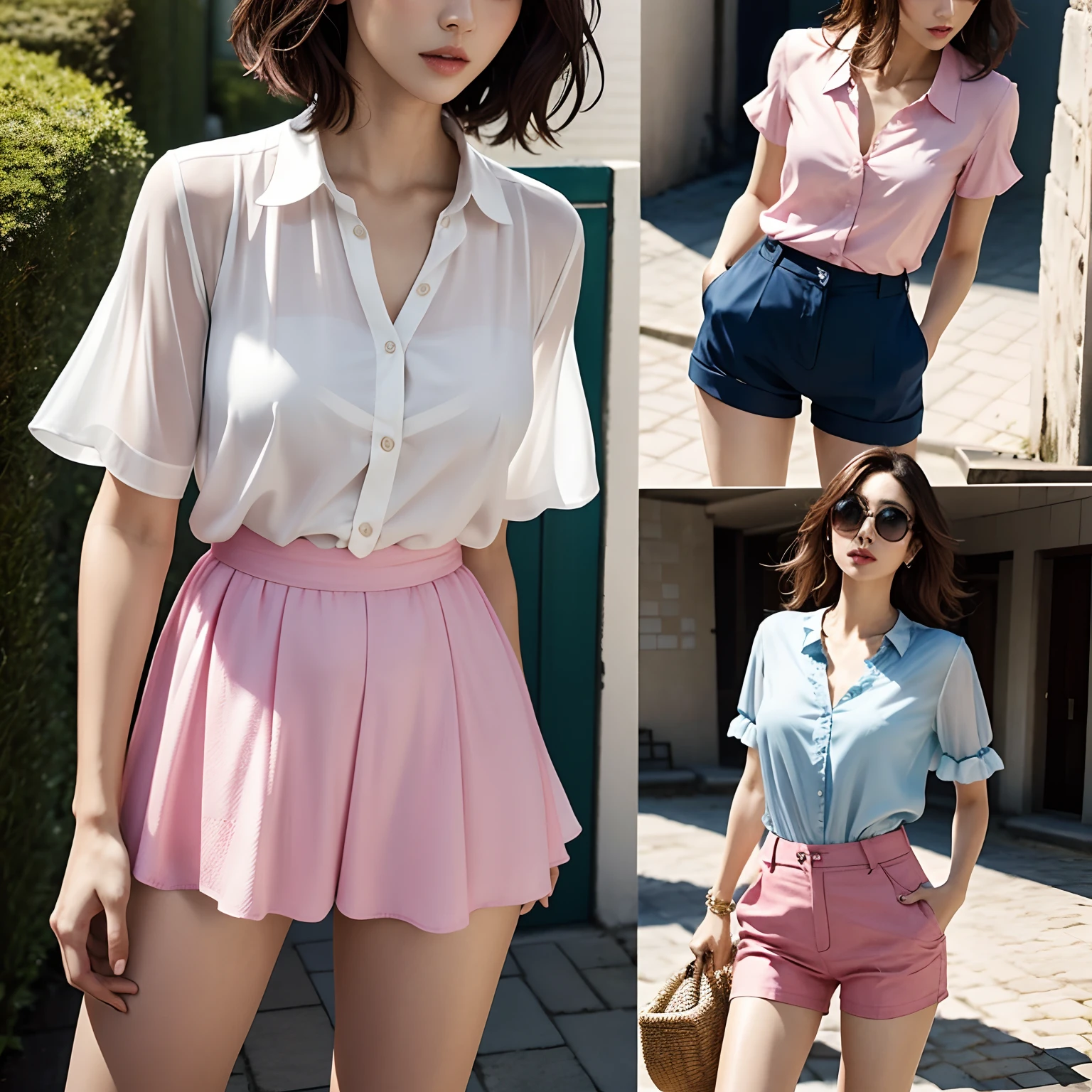 Based on this image, Generate models in their 30s，Sunny and beautiful，Model display wears a short-sleeved white chiffon shirt、Pink chiffon shirt、Blue chiffon shirt。Models can't wear clothes through