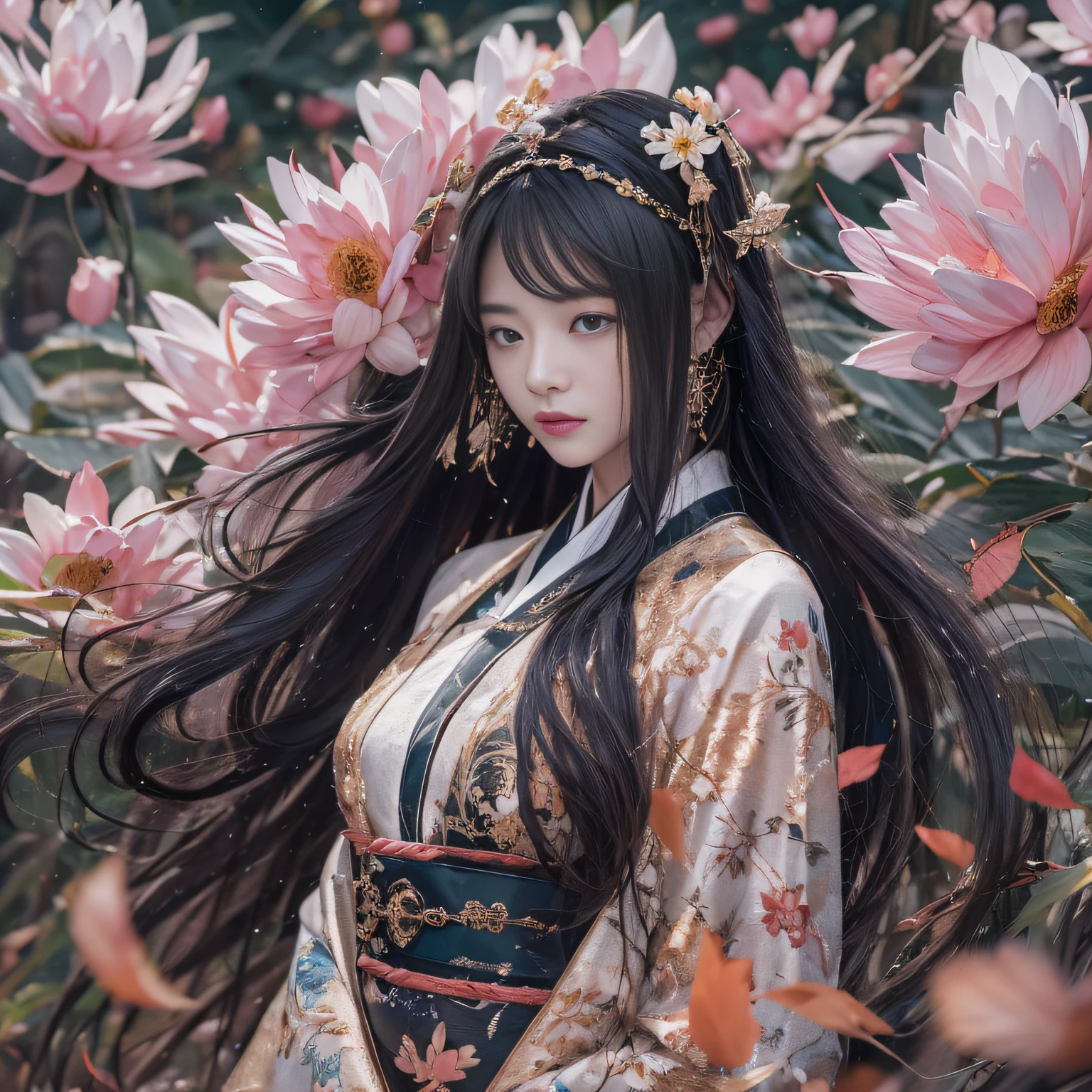 32K（tmasterpiece，k hd，hyper HD，32K）Long flowing black hair，ponds，zydink， a color，  Asian people （Silly girl）， （Silk scarf）， Combat posture， looking at the ground， long whitr hair， Floating hair， Carp pattern headdress， Chinese long-sleeved clothing， （abstract ink splash：1.2）， Pink petal background，Pink and white lotus flowers fly（realisticlying：1.4），Black color hair，Fallen leaves flutter，The background is pure， A high resolution， the detail， RAW photogr， Sharp Re， Nikon D850 Film Stock Photo by Jefferies Lee 4 Kodak Portra 400 Camera F1.6 shots, Rich colors, ultra-realistic vivid textures, Dramatic lighting, Unreal Engine Art Station Trend, cinestir 800，Long flowing black hair