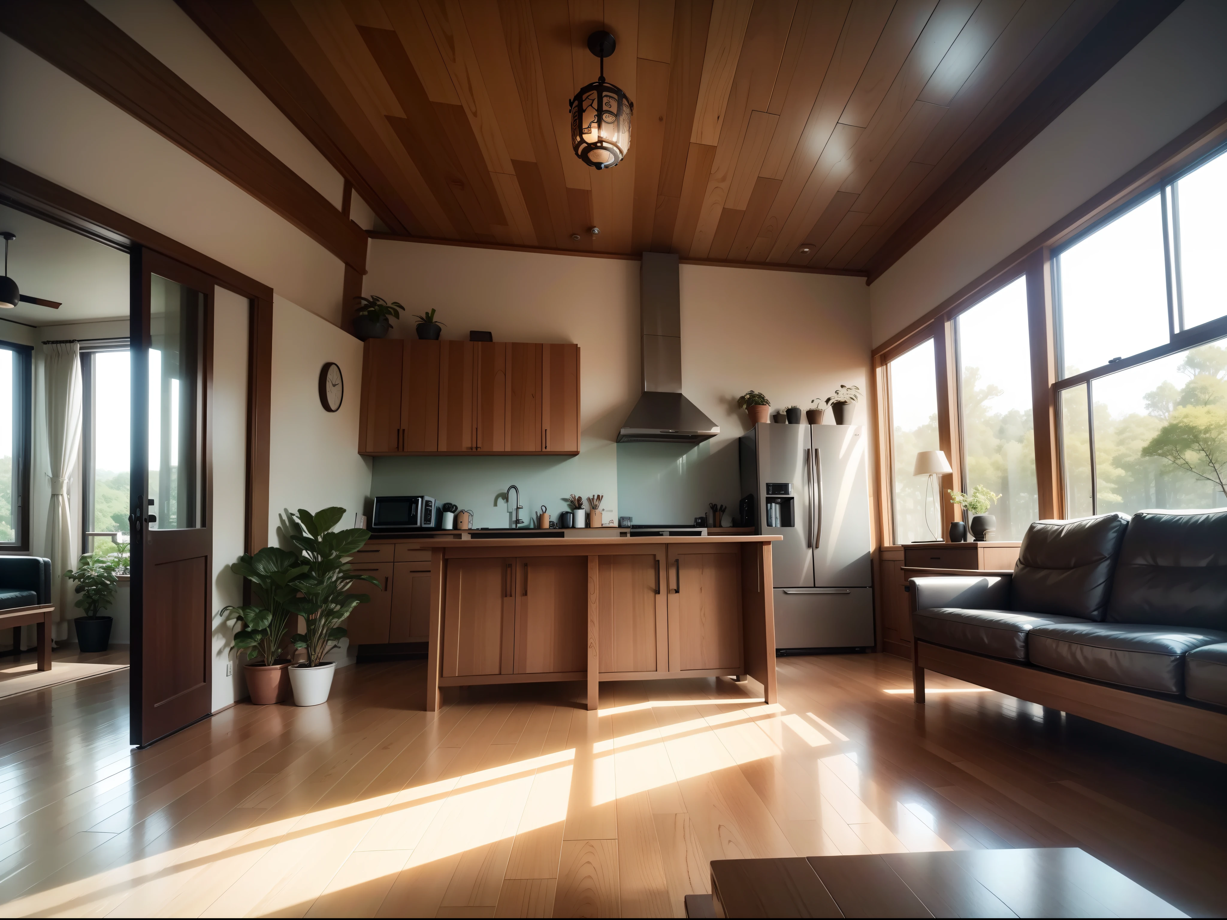 interior design、Insanely detailed wide-angle architectural photo、Cozy contemporary living room、(Bright and warm sunlight 1:0.1)、Award-winning contemporary interior design、landscapes、The table、a chair、in a house、Wooden flooring、window、resturant、east asian east asian architecture、sliding paper doors、abajour、architectural、the woods、naturey、cups、a plant、interior design、Insert lighting and shadows、depth of fields、low illuminance