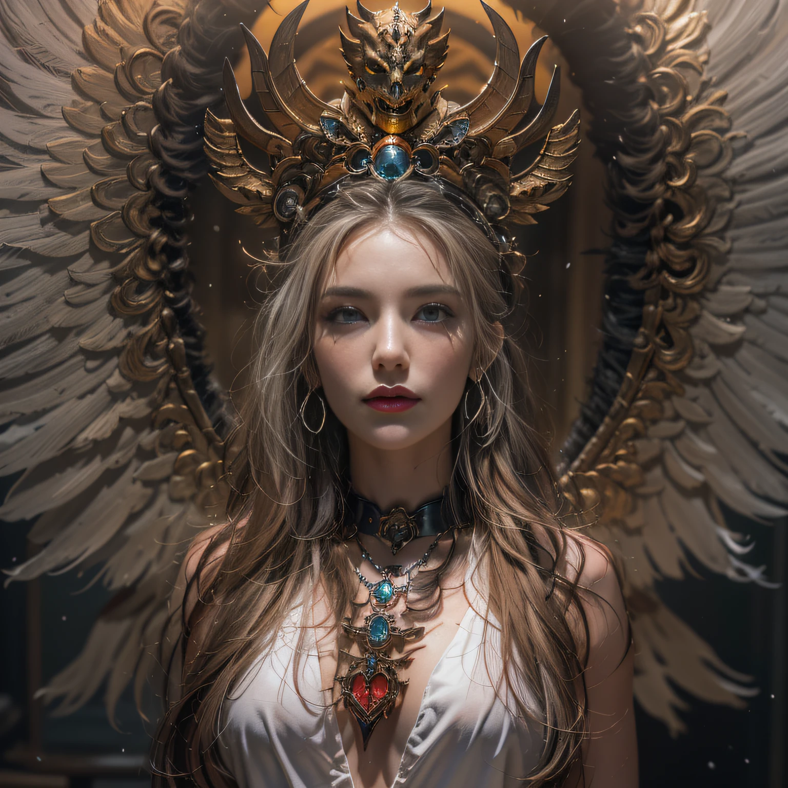 (Numerous award-winning masterpieces of, With incredible details, textures and maximum detail), (Ultra photo realsisim:1.4), (Realistic:1.3), (best quality real texture skin), (Fine true circle Symmetrical eyes), finerly detailed face, ((medieval world)), ((The Lord's Black Devil)), ((The Lord's White Devil)), (icy look in the eye), ((full-body standing image)), (She has a mischievous smile on her face), (Eyes that glow red in the dark:1.5), (The devil dances in the background), ((full-body portraits)), (Dramaticlight), (A majestic sight), (Her countenance is gentle and beautiful, but somehow terrifying), ((large wings,The feathers are behind the shoulders)), (((Folded wings))), Glass earrings on the ears, (((Dramatic photo))), (Twilight), (Sunset), (Dusk), (Seduction pose), ((dramatic pose)), (flamboyant photo), (Golden hair), (Silver hair), (maroon hair), short detailed hair, ((head looking up)), ((Looking down)), ((gives full-body standing image)), (Around her neck is a simple necklace of exquisite workmanship), (swirling fire), (Spin lightning), (Swirling snow and ice), Old ruins infested with plants, great temple, great cathedral, Temple ruins, detached temple, Luminous magic circle, Ancient Castle Site, Deserted ruins, crumbling ruins, Ancient ruins with clear water, wavelets, running water, Shining majestic cloud masses and sky, salama, epic realistic, ((com cores neutras)), (hdr:1.5), (pastel colour:1.2), ultra - detailed, Cinematic, warm lights, Dramaticlight, (Intricate details:1.1), the complex background,