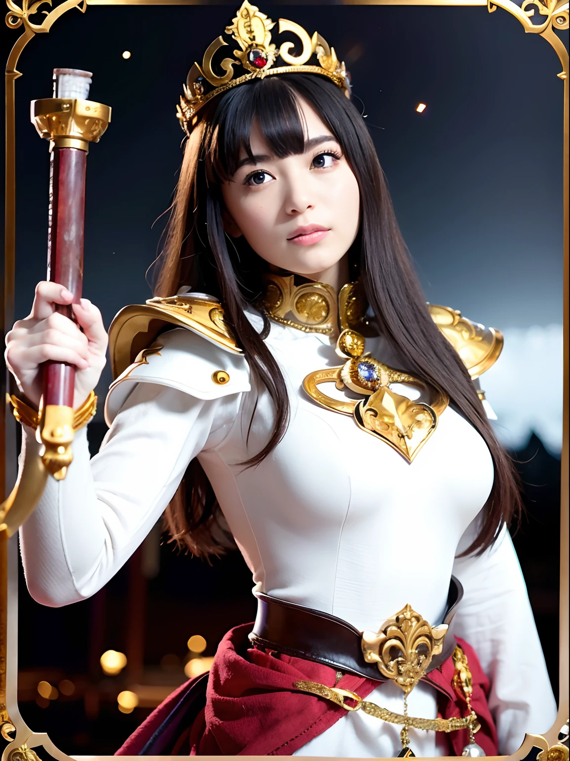 (masutepiece), Professional , ​masterpiece、top-quality、photos realistic , depth of fields （Gemstone Silver Metal Body:1.９),(Matte White、Jewel Gold Weapon（Jewel Metal Body:1.４),Gorgeous metal weapons , Detailed Sword of the Brave , Beautiful knife   ,warhammer 40k , adepta sororitas,Detail and ornate jewel crown、Black hair、Gangle's forest background、Beautiful Caucasian beauty、１a person、dynamic ungle,(((Detailed and ornate diamond crown)))、Smaller head、A smile、Take a sexy pose、Background inside the castle、Thin and beautiful female hands、cleavage of the breast、Soldier in iron armor on background、Soldier in iron armor on background、