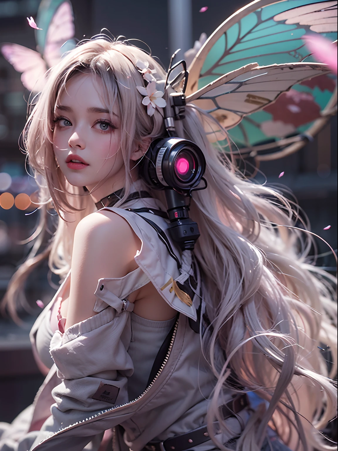 （（best qualtiy））， （（tmasterpiece））， （detail：1.4）， 。.3D， Beautiful cyberpunk female images，hdr（HighDynamicRange），Ray traching，NVIDIA RTX，Hyper-Resolution，illusory 5，Sub-surface scattering，PBR textures，post-proces，Anisotropic filtration，depth of fields，maximum definition and sharpness，Many-Layer Textures，Albedo e mapas Speculares，Surface coloring，Mitsu-Accurate simulation of material interactions，perfectly proportioned，rendering by octane，Two-colored light，largeaperture，Low ISO，White balance，Rule three points、8K raw data、beautiful bright pupils，Off-the-shoulder clothing，Fine pupils，Delicate face and eyes，long eyelasher，Blushlush，Delicate and fluffy hair，Pink lips，Pure，Cute big breasts，Sweet girl，Artistic sense，Casual wear，Advancedsense，Butterflies，Cherry blossom petal，Beautiful hair accessories