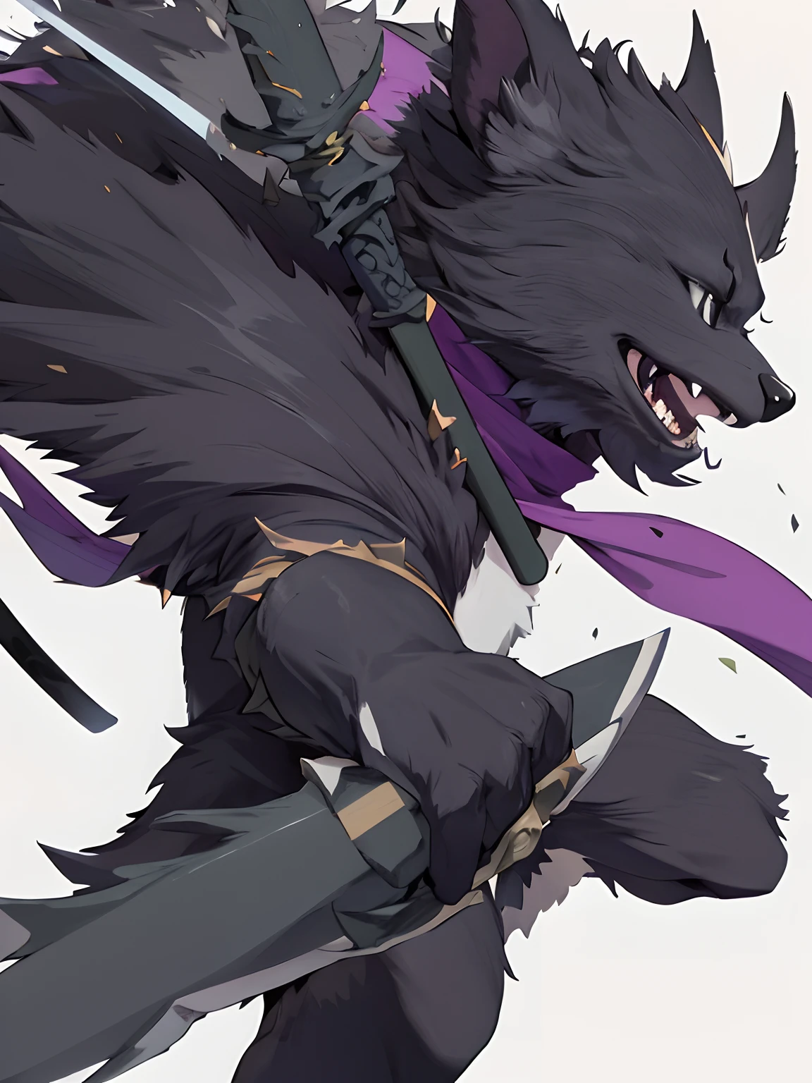 High Definition, Anime-style, puppy-animal, Smile, gray fur, Black Sword, Black Eyes, Grassland, Dual Wielding sheath , Black Sword, Lilac Sword, 2 devil head horns, green scarf