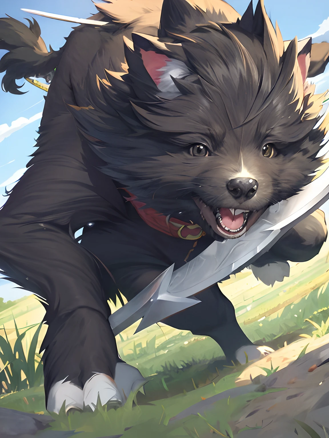 High Definition, Anime-style, puppy-animal, Smile, gray fur, Black Sword, Black Eyes, Grassland, Dual Wielding sheath , Black Sword, Lilac Sword, 2 devil head horns, green scarf