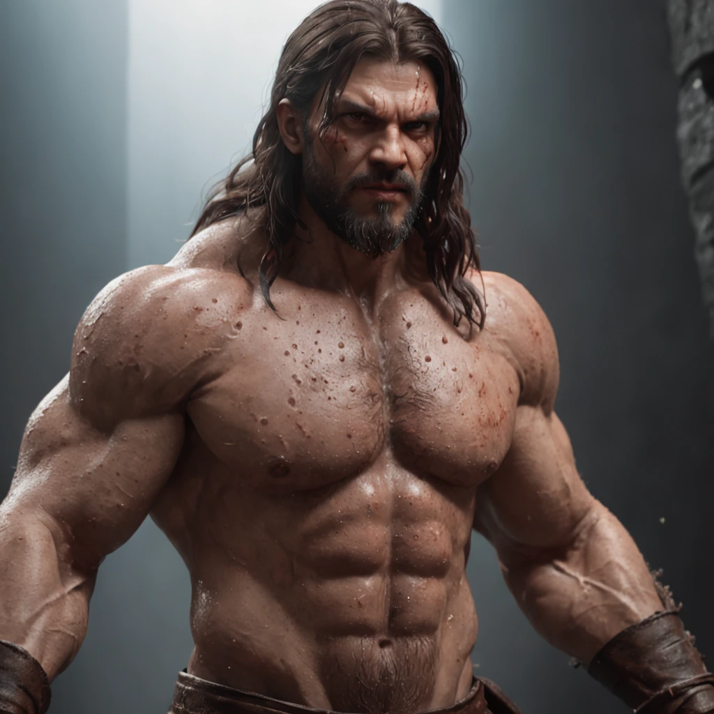 (Cinematic Photo:1.3) of (Ultra detailed:1.3) photo of the most beautiful artwork in the world featuring soft lustrous, ((epic heroic fantasy muscular rugged wet wounded hero man angry looking with long hair and long beard and fierce looking in a dynamic posture)), chest, full face,(dark background:1.4) (epic realistic, hdr, intricate details, hyperdetailed, cinematic, rim light, muted:1.5), ((fantastic location, majestic cluttered environment)), skin pores, very dark lighting, heavy shadows, detailed, detailed face, (photo realistic, dramatic, dark, sharp focus, 8k), (weathered damaged old worn leather outfit:1.5), (intricate:1.4), decadent, (highly detailed:1.4), octane render, sharp focus, heavy rain, particles floating, (Cinemacolor:1.3)