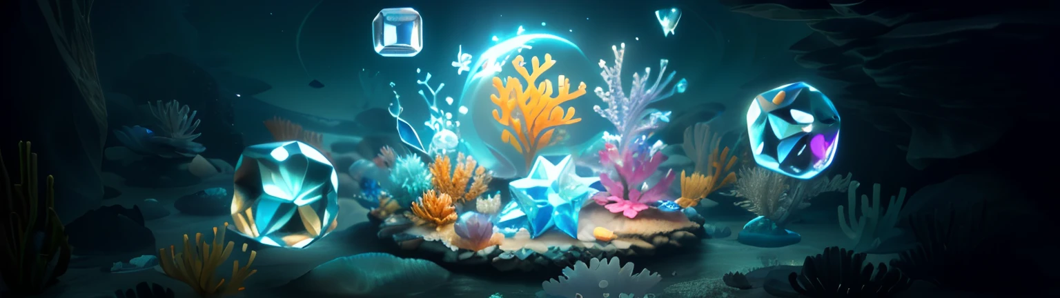 There are pictures of fish and other items in the water, Underwater crystals, masterpieceunderwater scene, underwater crystal caverns, 3 d icon for mobile game, jewel fishes, Underwater market, magic frozen ice phoenix egg, frost gem, crystal particles, Showcase, floating crystals, closeup cinematic aquatic scene, treasure artifact, ecosystem, item art, Sea Elves