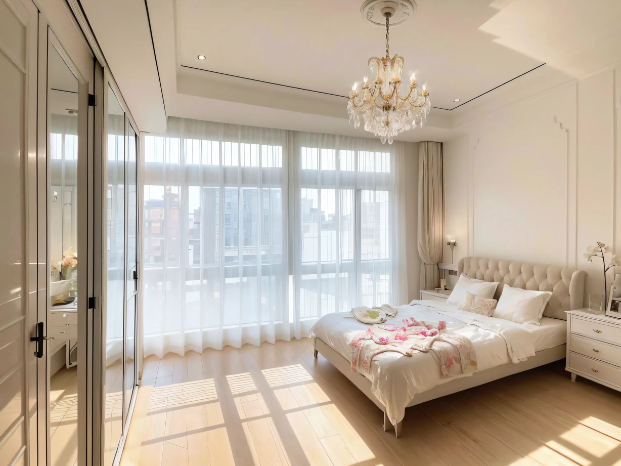 ,masterpiece, best quality,8k, ultra highres,Return to the bedroom at home,It was as if entering a magical world!The delicate crystal chandelier emits a colorful light,Makes the room dreamlike。Courtyard behind glass walls,A flock of gorgeous butterflies dance around the blooming flowers。Soft cotton sheets,Fits like silk to the skin,Let people fall completely into sweet sleep。Open the bedroom door,A huge mirrored sun deck floods warm sunlight through the skylight,It's heart-warming。In this fantastic bedroom,Every day is a beautiful dream,Get away from the hustle and bustle,Regain your inner peace。