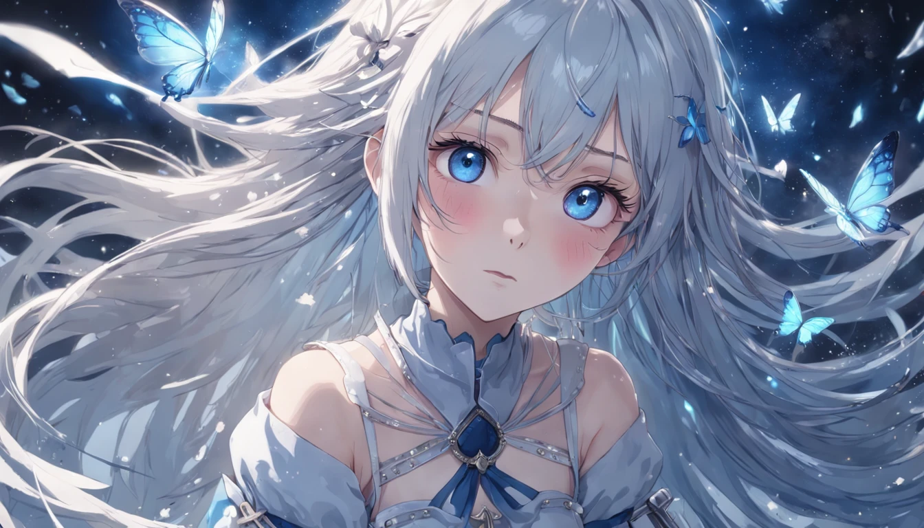 masterpiece, best quality, movie still, (Overhead view),dynamic angle,ultra-detailed, illustration, close-up, straight on, 1girl, (fantasy:1.4), (azure blue eyes:1.233),Her eyes shone like dreamy stars,(glowing eyes:1.233),(beautiful and detailed eyes:1.1),(Silver hair:1.14),(messy hair,very long hair,french braid,hair between eyes,sidelocks), (+(bule hair flower:1.14)),(chiffon dress,bule flower pattern in uniform)/=(military uniform:1.24),(detached sleeves,wide sleeves),(fingerless gloves),choker,(miko thighhighs),High heeled boots,(expressionless,closed mouth),(standing), (classical Princess boudoir with dressing tableand french windowin a white ancient palaces),(white flowers,bloom),(abysmal sea),(flowing water),(a dull blue world tree:1.14),(ruins),(night:1.2),dreamy,soul,(fluorescence),(flying translucent blue butterflies:1.15), [[delicate fingers and hands:0.55]::0.85],(detail fingers),(yubao:0.5),