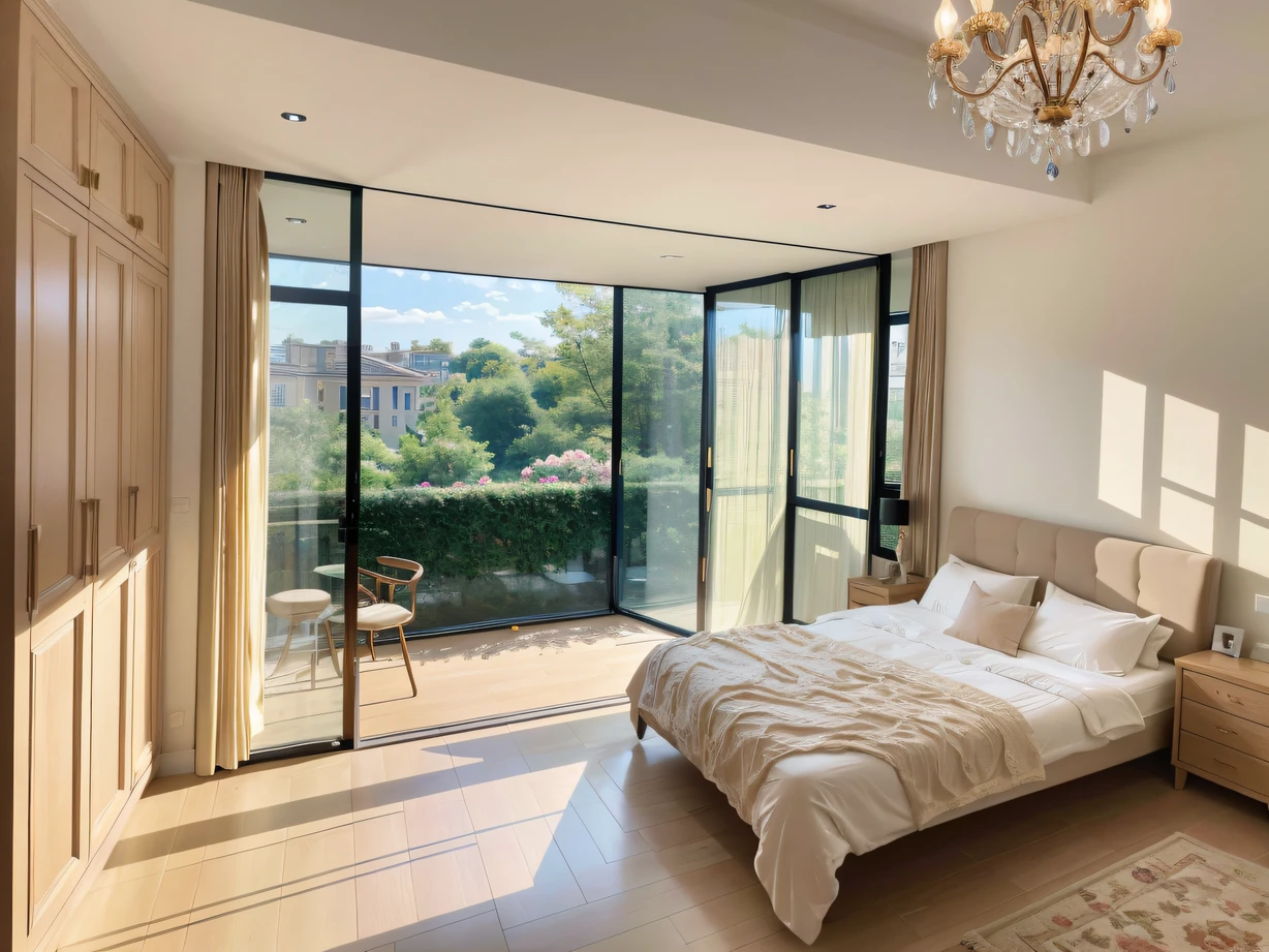 ,masterpiece, best quality,8k, ultra highres,Return to the bedroom at home,It was as if entering a magical world!The delicate crystal chandelier emits a colorful light,Makes the room dreamlike。Courtyard behind glass walls,A flock of gorgeous butterflies dance around the blooming flowers。Soft cotton sheets,Fits like silk to the skin,Let people fall completely into sweet sleep。Open the bedroom door,A huge mirrored sun deck floods warm sunlight through the skylight,It's heart-warming。In this fantastic bedroom,Every day is a beautiful dream,Get away from the hustle and bustle,Regain your inner peace。