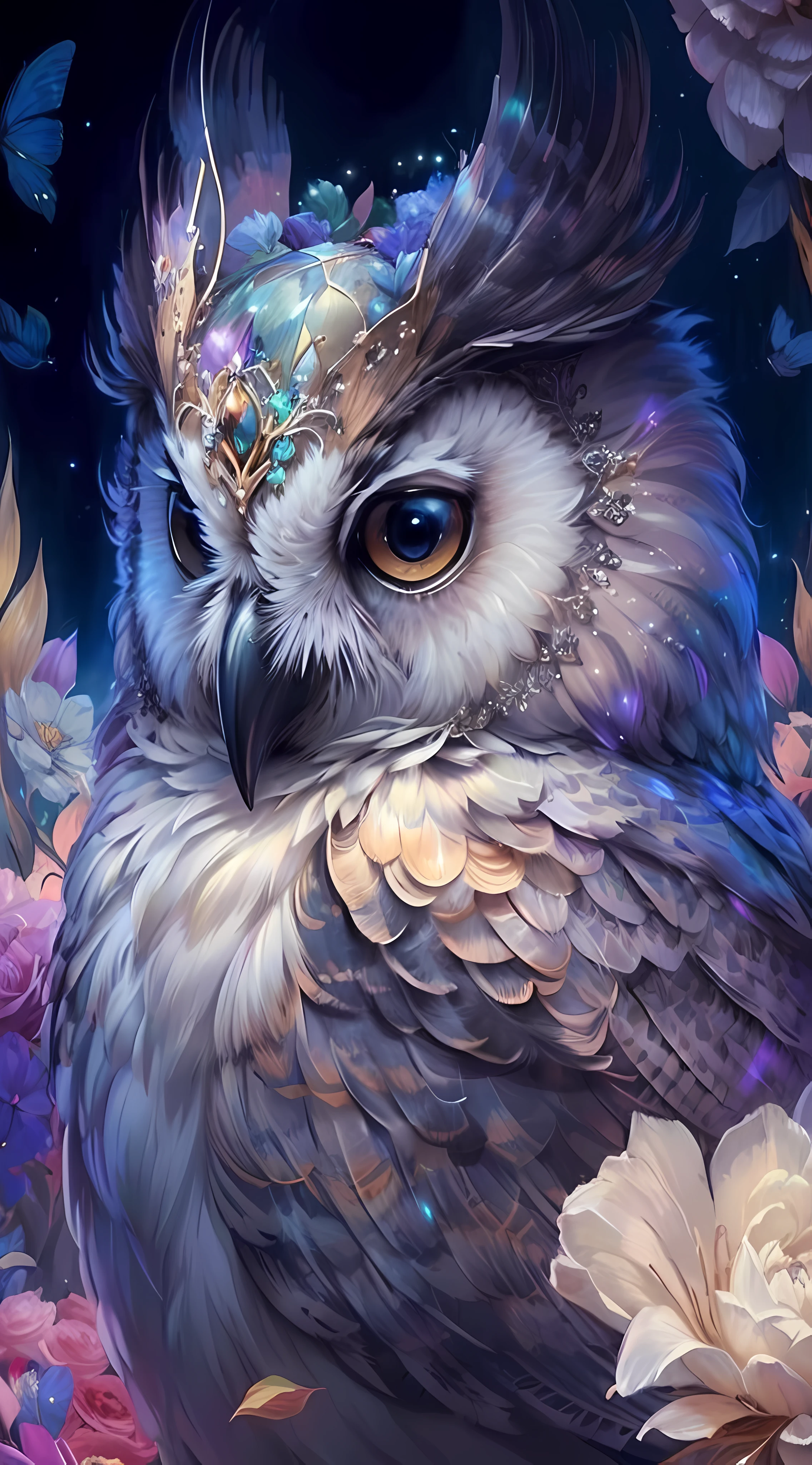 There is a painting of an owl with a crown on its head, Coruja Radiante, Animais bonitos detalhados, coruja incandescente, beautiful animal pearl queen, assistente coruja, cheio de cores e detalhes ricos, coruja bonito, Arte altamente detalhada em 4K, Arte digital altamente detalhada em 4k, 8k arte detalhada de alta qualidade, pintura detalhada 4K, alien owl, arte bonita