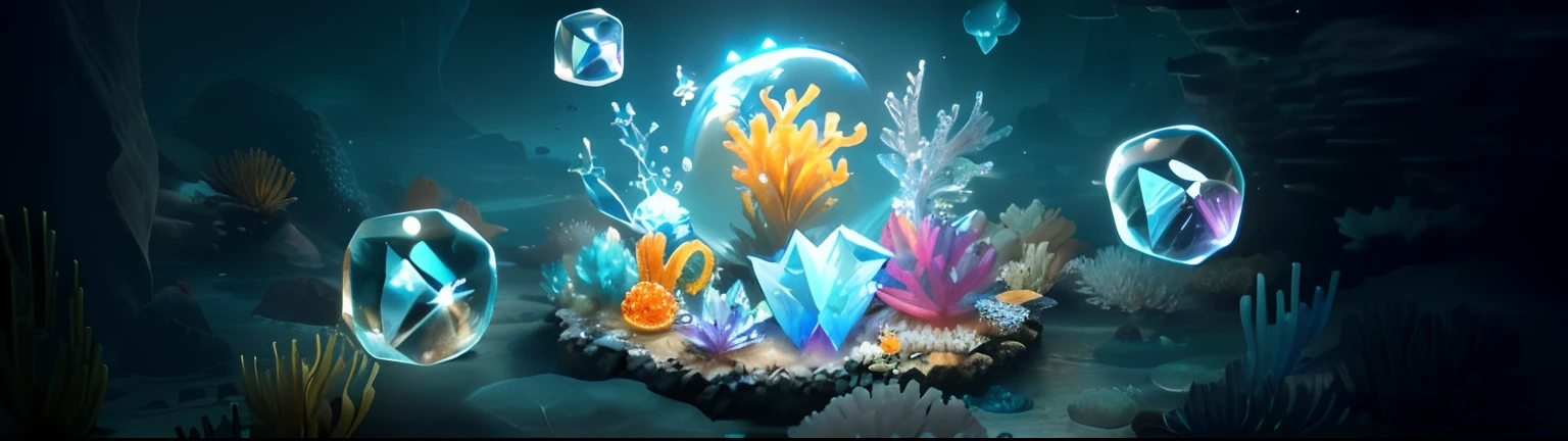 There are pictures of fish and other items in the water, Underwater crystals, masterpieceunderwater scene, underwater crystal caverns, 3 d icon for mobile game, jewel fishes, Underwater market, magic frozen ice phoenix egg, frost gem, crystal particles, Showcase, floating crystals, closeup cinematic aquatic scene, treasure artifact, ecosystem, item art, Sea Elves