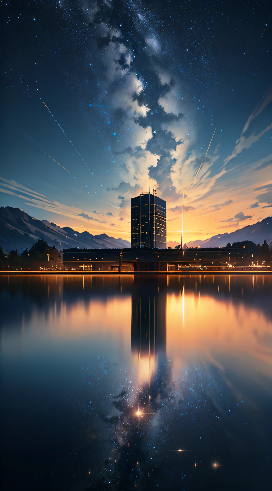 High quality masterpiece, landscape, anime train passing through bodies of water on tracks, bright starry sky. Romantic train, pixiv, concept art, lofi art style, reflection. by Makoto Shinkai, lofi art, Beautiful anime scene, Anime landscape, detailed scenery —width 672, in style of Makoto shinkai, style of Makoto shinkai, enhanced details.