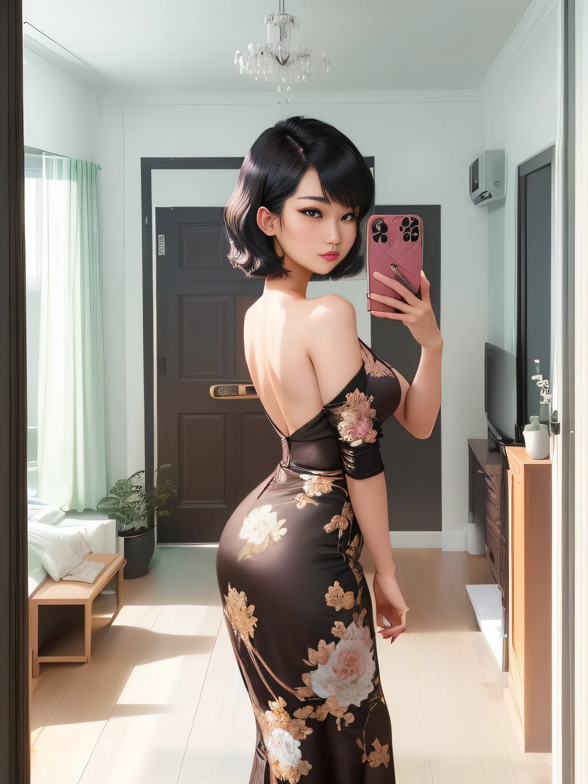 there is a woman that is taking a selfie in a room, nivanh chanthara, with short hair, dang my linh, 30 years old woman, 3 0 years old woman, a young asian woman, young cute wan asian face, south east asian with round face, with long hair, xintong chen, 2 , with round face