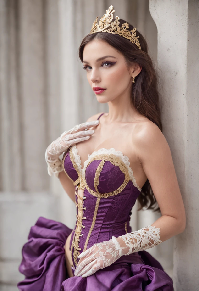 "A confident princess adorned in regal purple attire, flaunting intricate lace details and sparkling gold high heels. gold sling bikini, elegant white silk gloves, and a cinched corset."