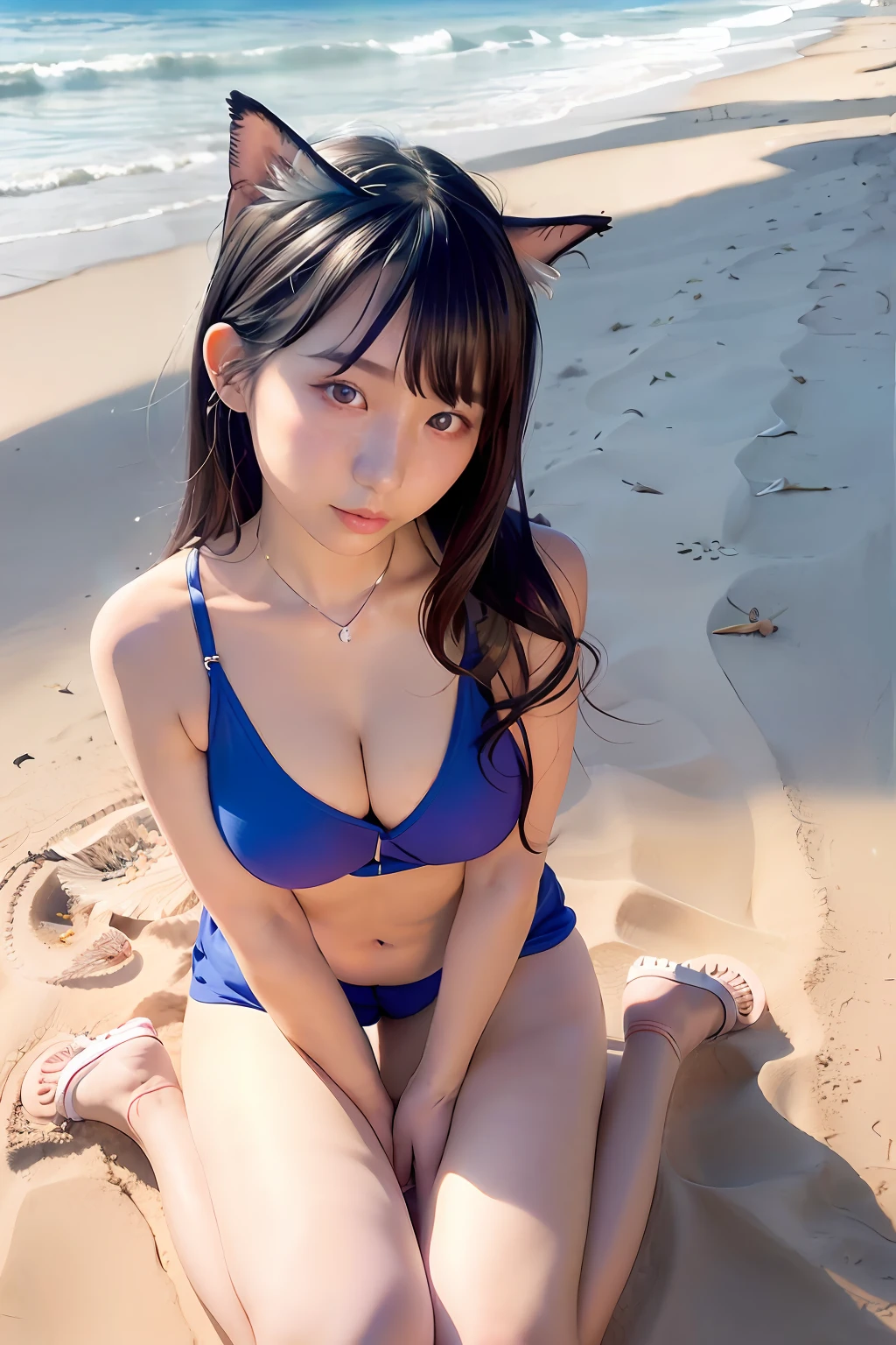 Photorealsitic, hight resolution, Korea person, Heterochromia eyes, small moles under eyes,Female, 35 years old、A MILF、Beach、sand beach、Seiza、Huza、shortpants、perfect bodies