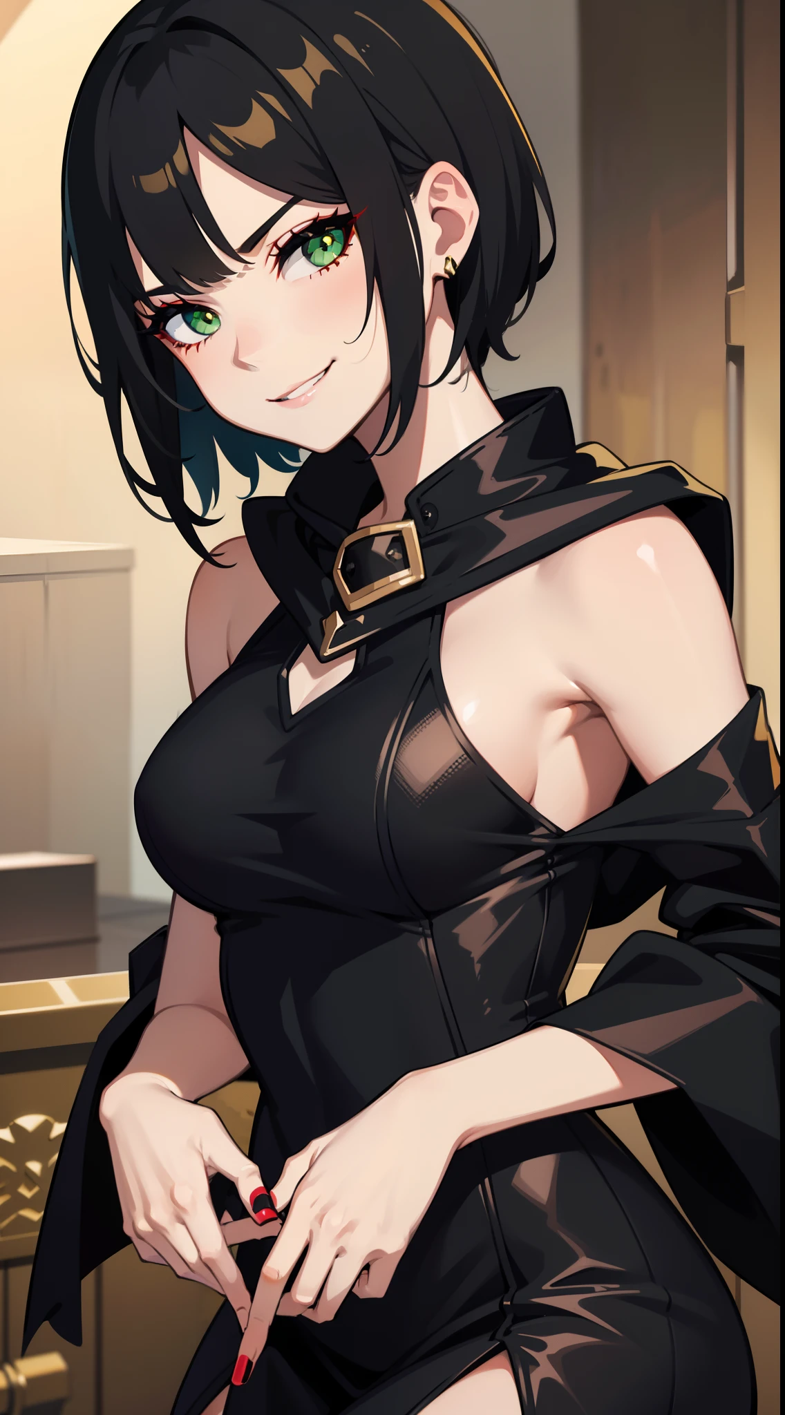 young girl, short black hair, Green eyes, black tight dress, Gold Elements, red elements, black eye shadow, Green lipstick, smirk, Masterpiece, hiquality