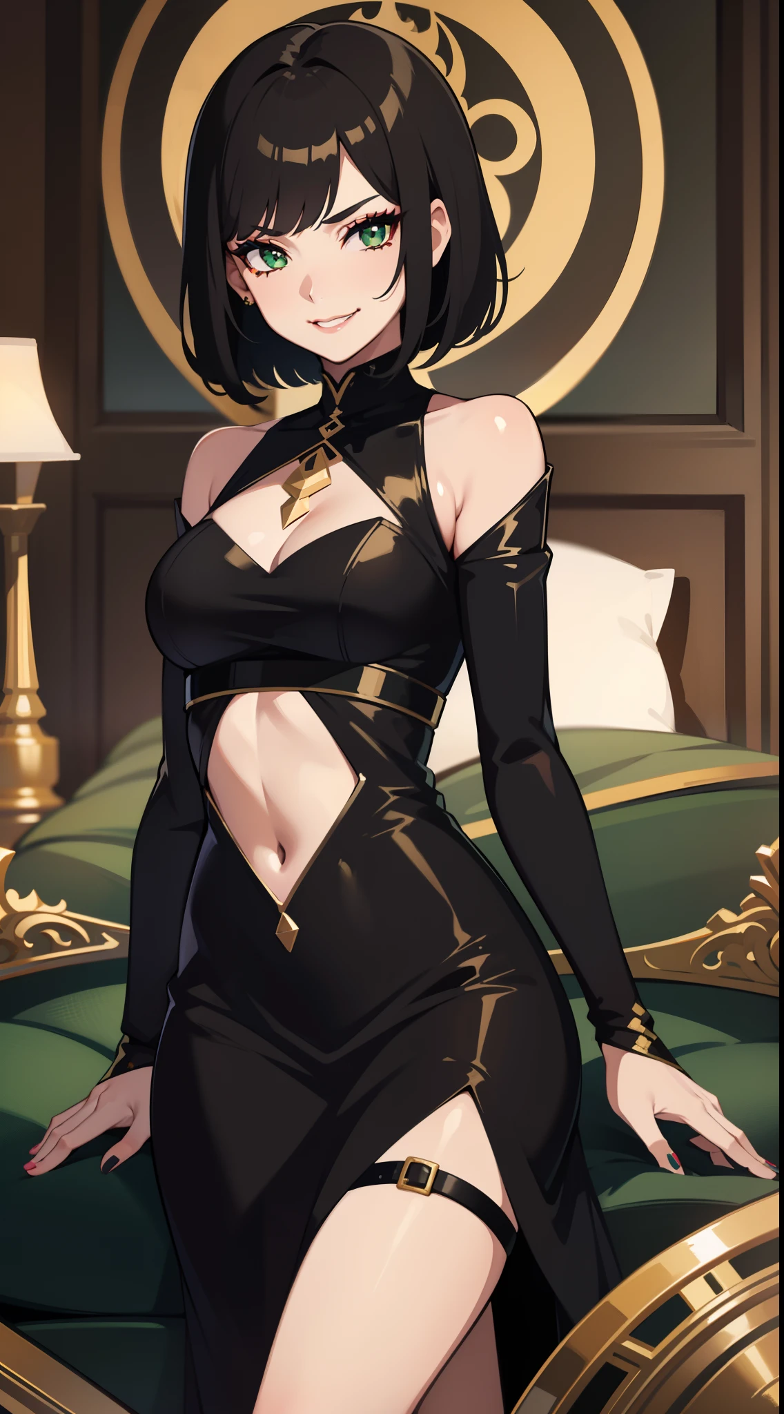 young girl, short black hair, Green eyes, black tight dress, Gold Elements, red elements, black eye shadow, Green lipstick, smirk, Masterpiece, hiquality