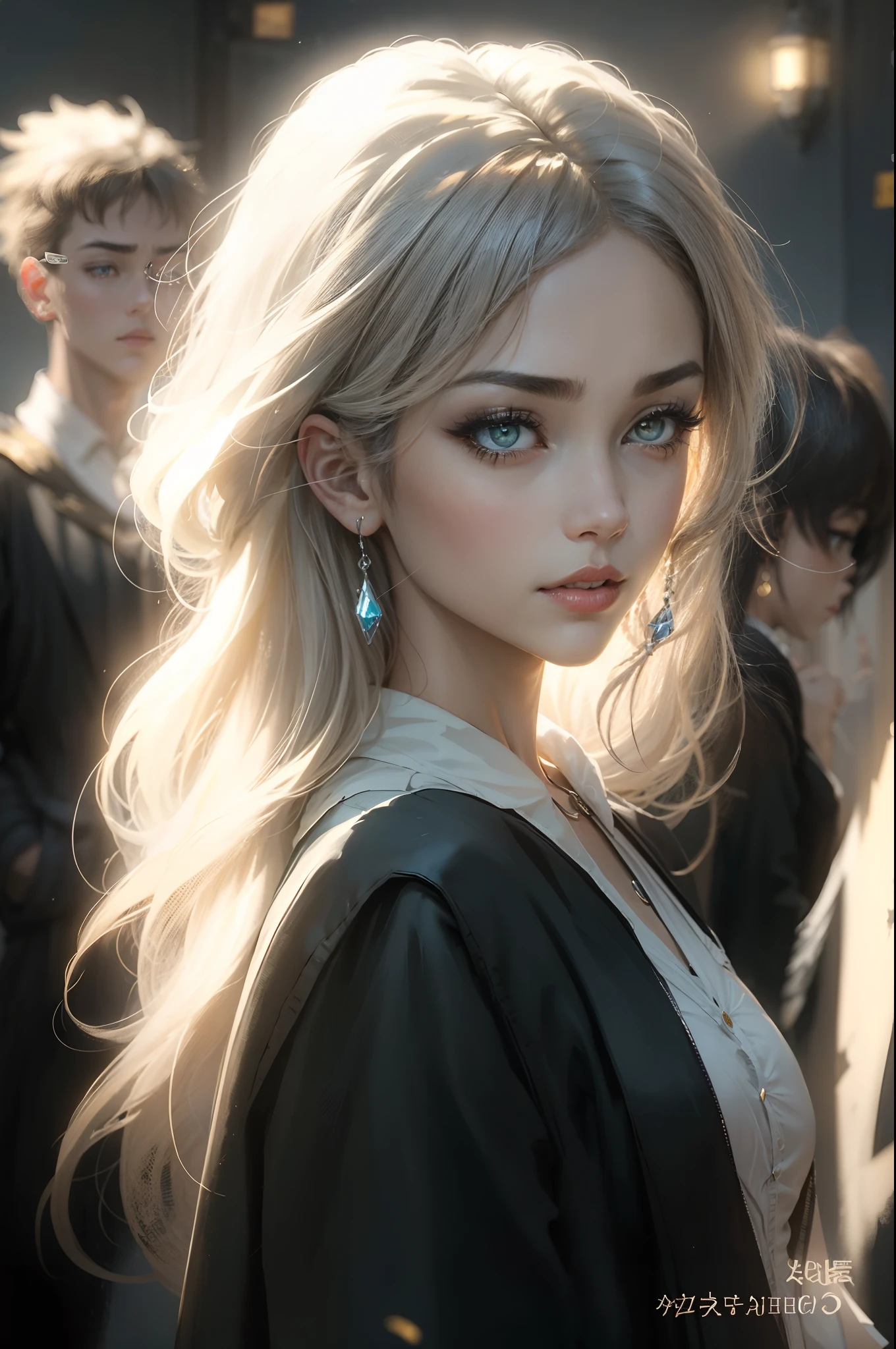 The upper part of the body，animemanga girl，Oil painting art style，Black unilateral twist，Harry Potter fan art，Yellow eyes，backlit face，Artistic sense，animation aesthetics，Euro-American style girl，Dark blue and light gray style，Cool and elegant，Blue teardrop-shaped gemstone necklace，Pure black college robes，figure eight bangs，Delicate facial features