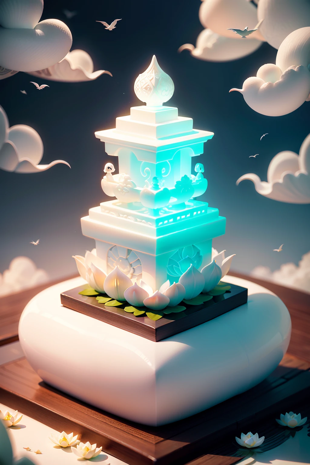 isometric design,A large white jade Buddha,Sit on the lotus platform,Close your eyes,Lotus in hand,rainbowing,mini sence,adolable,dream magical,Incredibly detailed background,Detailed items,brightened light,White clouds and birds