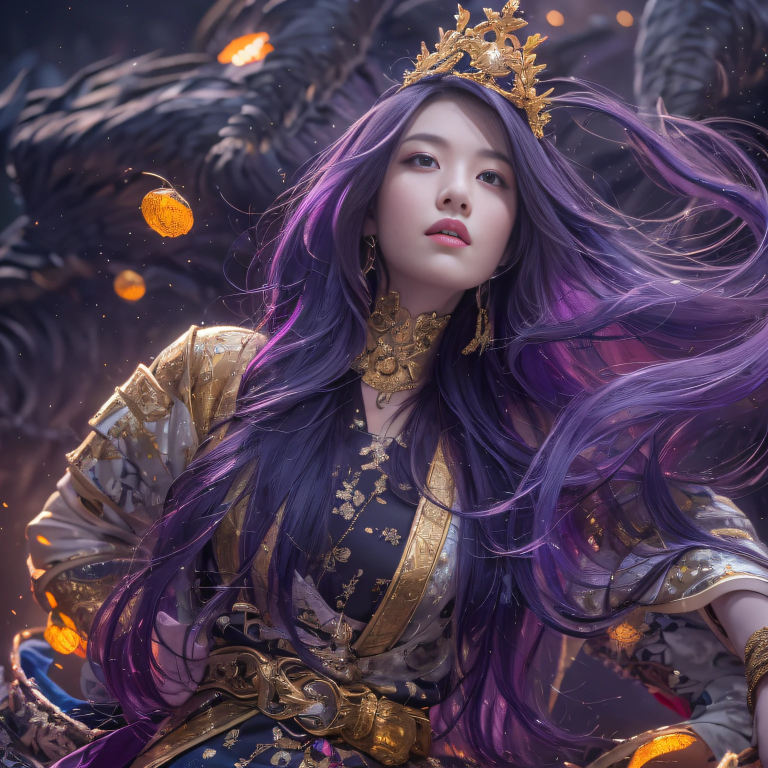 32K(tmasterpiece,k hd,hyper HD,32K)Long flowing bright purple hair,Autumn Pond,zydink, a color, Asian people (Silly girl), (Silk scarf), Combat posture, looking at the ground, long whitr hair, Floating bright purple, Fire cloud pattern gold tiara, Chinese long-sleeved gold silk garment, (abstract ink splash:1.2), white backgrounid,Lotus protector(realisticlying:1.4),Bright purple hair,Smoke on the road,The background is pure, A high resolution, the detail, RAW photogr, Sharp Re, Nikon D850 Film Stock Photo by Jefferies Lee 4 Kodak Portra 400 Camera F1.6 shots, Rich colors, ultra-realistic vivid textures, Dramatic lighting, Unreal Engine Art Station Trend, cinestir 800,Long flowing bright purple hair