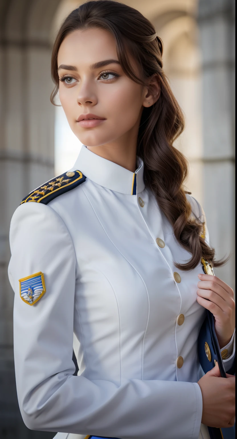Close-up of a woman in a white uniform posing for a photo, eye looking to camera，girl in uniform, Bright, uniform background, in a soldier uniform, uniform background, in a soldier uniform, in a soldier uniform, wearing headmistress uniform, White uniform, Dressed in uniform, in a soldier uniform, Palace, A girl in naval uniform, royal elegant pose, close up portrait shot, officer, Beautiful digital artwork