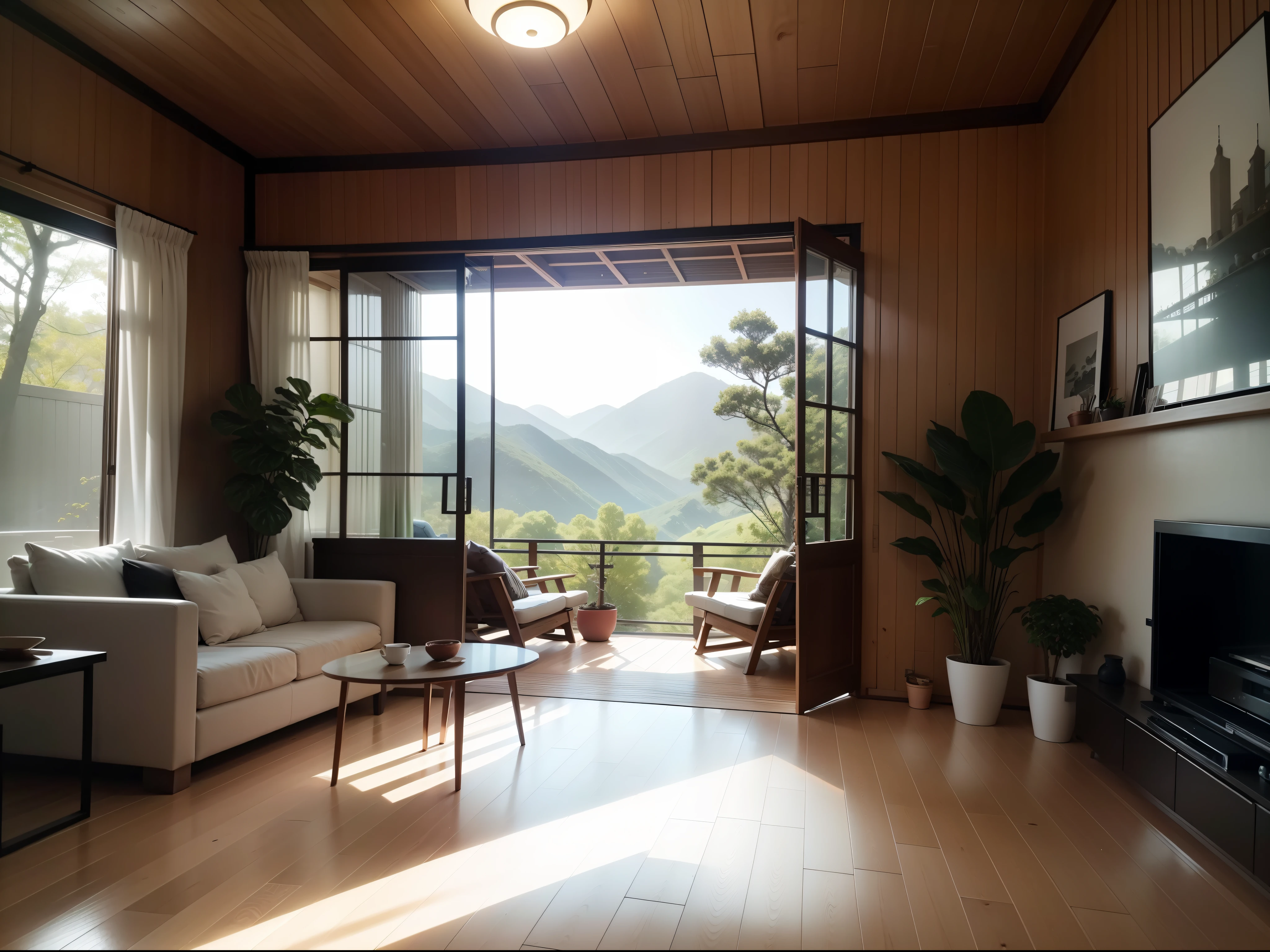 interior design、Insanely detailed wide-angle architectural photo、Cozy contemporary living room、(Bright and warm sunlight 1:0.1)、Award-winning contemporary interior design、landscapes、The table、a chair、in a house、Wooden flooring、window、resturant、east asian east asian architecture、sliding paper doors、abajour、architectural、the woods、naturey、cups、a plant、interior design、Insert lighting and shadows、depth of fields、low illuminance