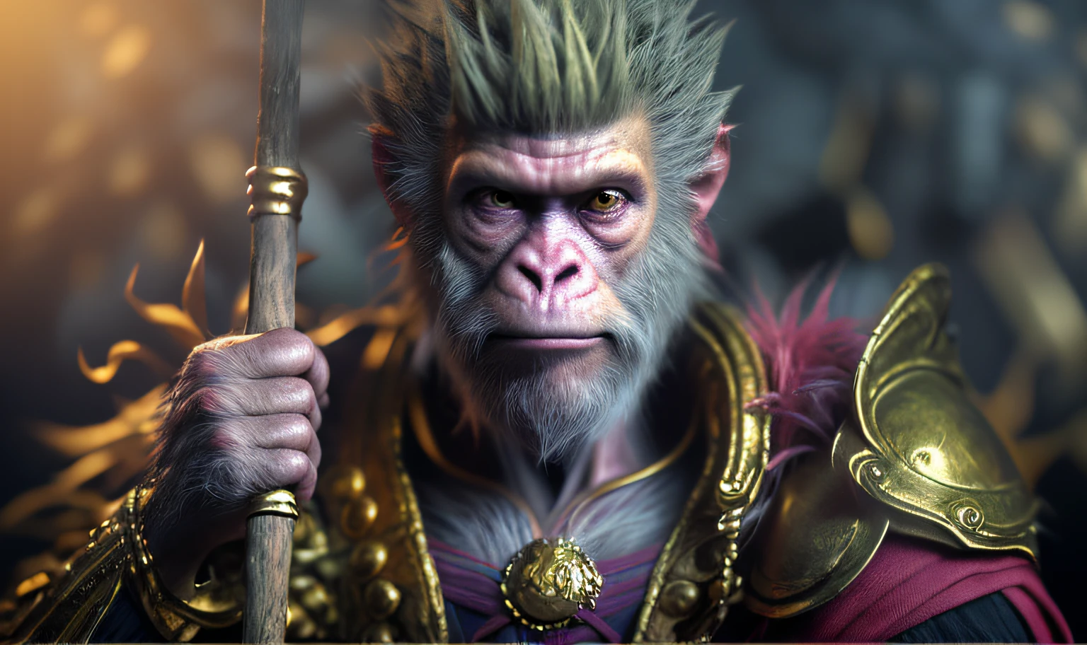 ((With a golden stick,Rotate the texture)),(Monkey transforms into bearded man 0, mito,dream magical,((Light exposure)),((marmoset render)), Wukong, unreal engine character art, Son Goku, 4k concept art and hyper realism, hyper-detailed fantasy character, cgsociety uhd 4k highly detailed, 3 d ape shaman profile portrait, Rendu portrait 8k, 8 k cg render,((dark aesthetic)))