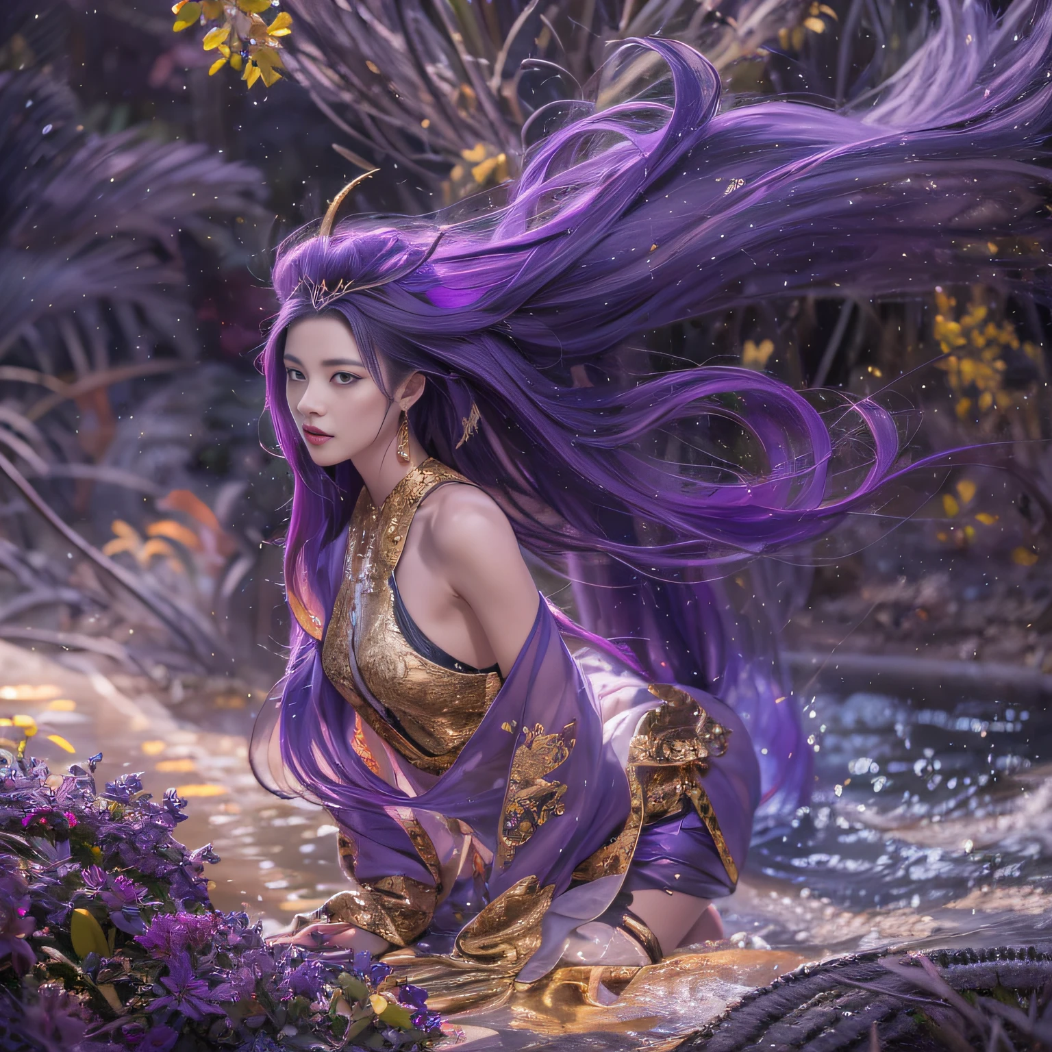 32K（tmasterpiece，k hd，hyper HD，32K）Long flowing bright purple hair，Autumn Pond，zydink， a color，  Asian people （Silly girl）， （Silk scarf）， Combat posture， looking at the ground， long whitr hair， Floating bright purple， Fire cloud pattern gold tiara， Chinese long-sleeved gold silk garment， （abstract ink splash：1.2）， white backgrounid，Lotus protector（realisticlying：1.4），Bright purple hair，Smoke on the road，The background is pure， A high resolution， the detail， RAW photogr， Sharp Re， Nikon D850 Film Stock Photo by Jefferies Lee 4 Kodak Portra 400 Camera F1.6 shots, Rich colors, ultra-realistic vivid textures, Dramatic lighting, Unreal Engine Art Station Trend, cinestir 800，Long flowing bright purple hair