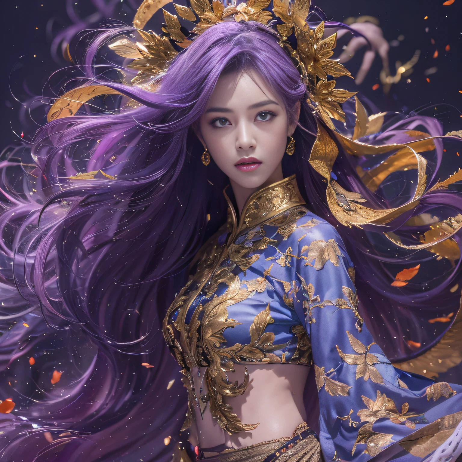 32K（tmasterpiece，k hd，hyper HD，32K）Long flowing bright purple hair，Autumn Pond，zydink， a color，  Asian people （Silly girl）， （Silk scarf）， Combat posture， looking at the ground， long whitr hair， Floating bright purple， Fire cloud pattern gold tiara， Chinese long-sleeved gold silk garment， （abstract ink splash：1.2）， white backgrounid，Lotus protector（realisticlying：1.4），Bright purple hair，Smoke on the road，The background is pure， A high resolution， the detail， RAW photogr， Sharp Re， Nikon D850 Film Stock Photo by Jefferies Lee 4 Kodak Portra 400 Camera F1.6 shots, Rich colors, ultra-realistic vivid textures, Dramatic lighting, Unreal Engine Art Station Trend, cinestir 800，Long flowing bright purple hair