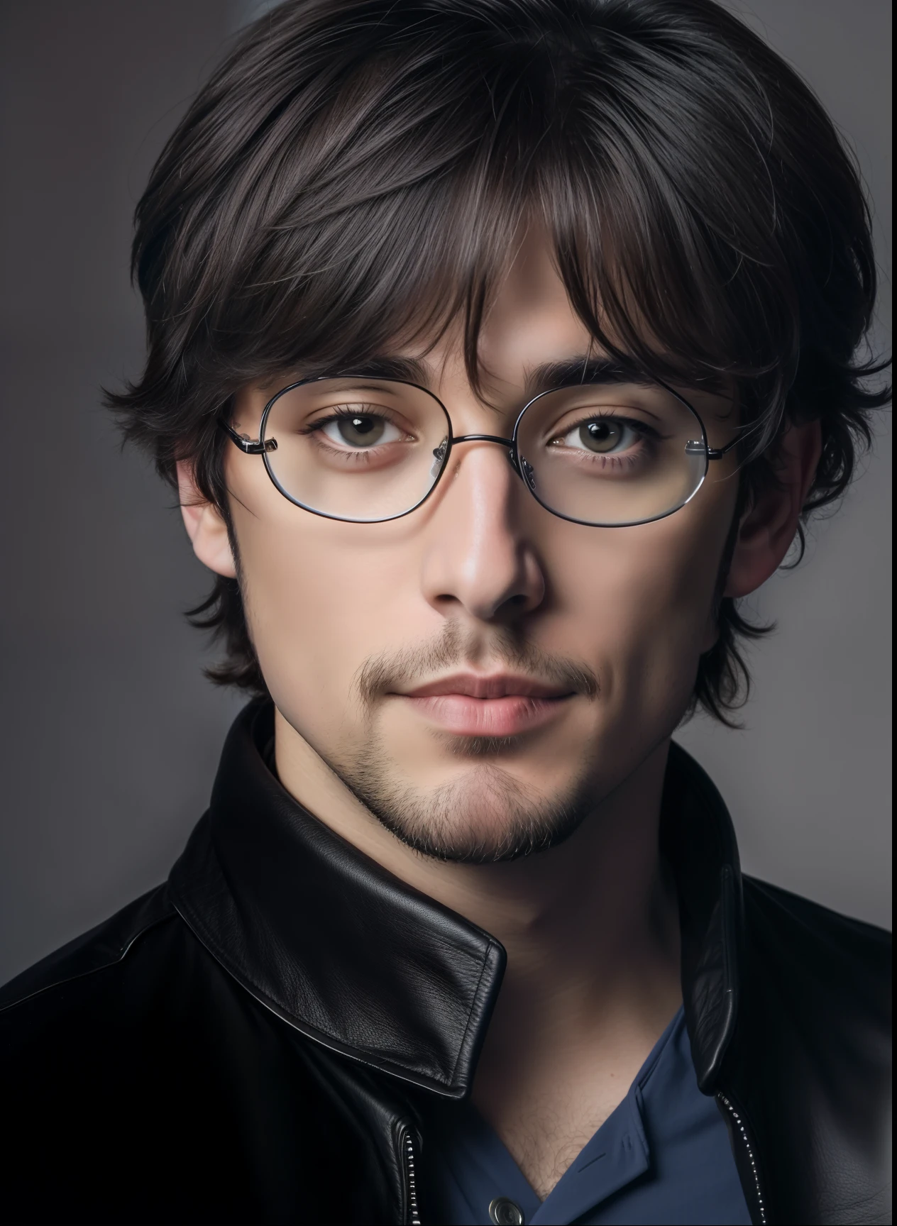 No beard、Alafed man in glasses and leather jacket poses for photo, Man with glasses, high quality portrait, close-up professional portrait, with glasses and goatee, close up portrait photo, young man with medium - length, portrait of beautiful young man, close up head shot, Realistic portrait photography, Young Ita