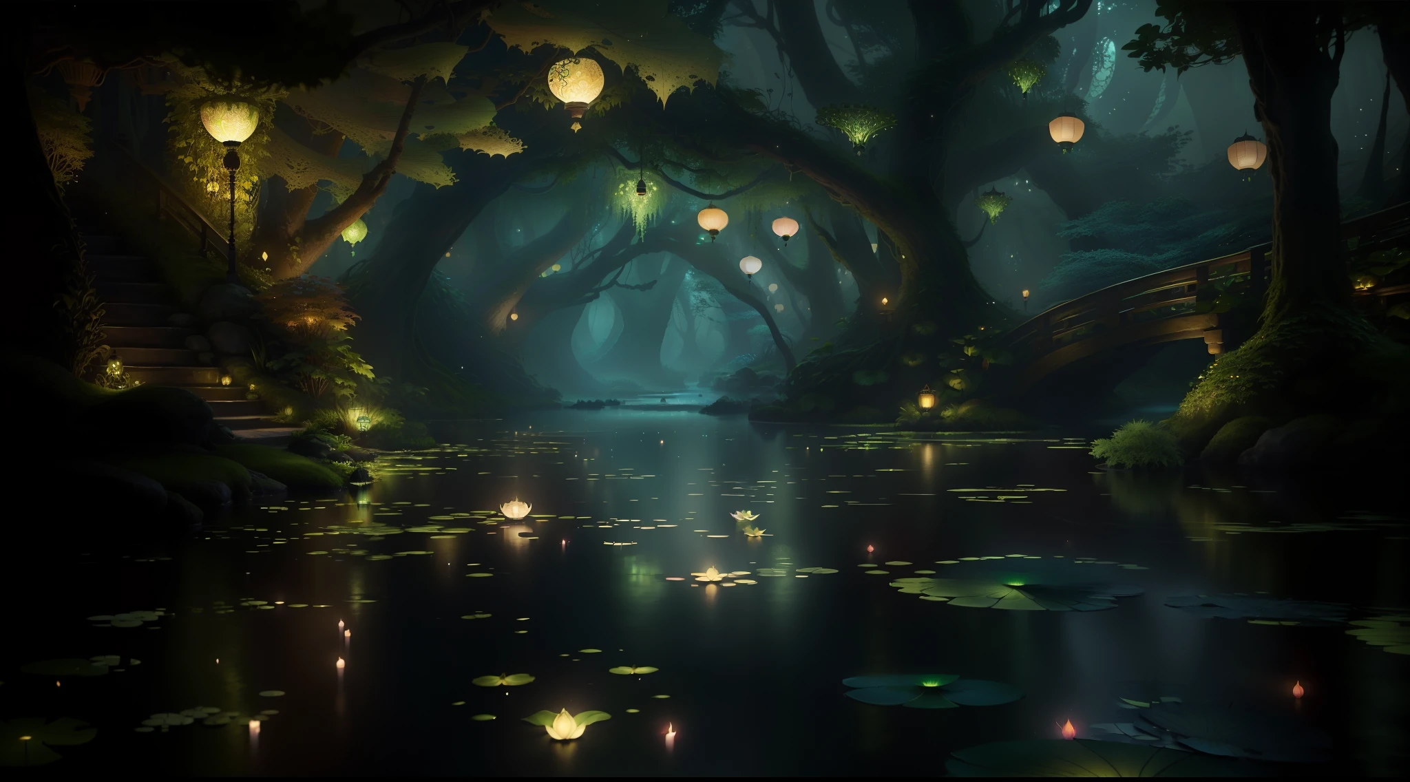 a river with lily pads and lanterns in the middle of it, magical environment, enchanted magical fantasy forest, mystical forest lagoon, enchanted and magic forest, magical fantasy forest, art nouveau jungle environment, magical forest in the background, fantasy style 8 k octane render, beautiful render of a fairytale, lothlorien at night, highly detailed surreal vfx, fantasy forest environment