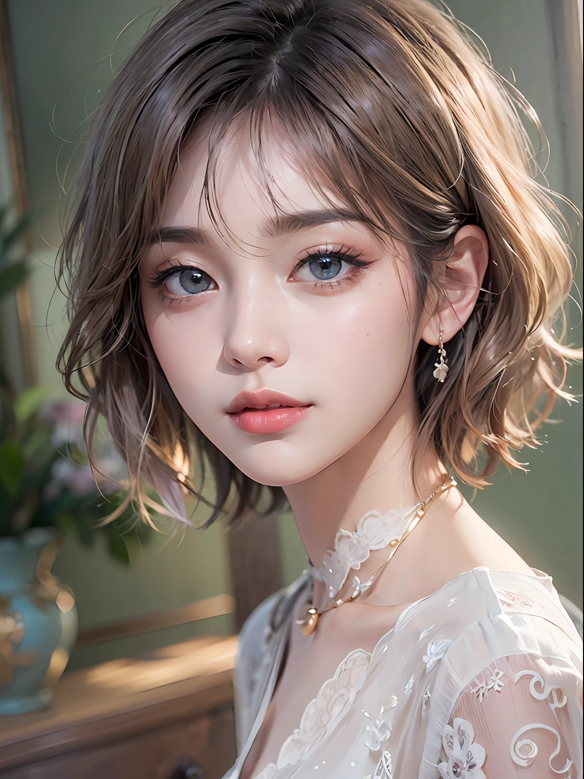 tmasterpiece、The highest image quality、high high quality、Beautuful Women、jpn、Popular Korean makeup、detaileds、Swollen eyes、A detailed eye、Detailed skin、Beautiful skins、超A high resolution、(Realistis:1.4)、very very beautiful、Slightly younger face、Beautiful skins、big breasts thin waist、(ultra-realistic realism)、(illustratio)、(A high resolution)、(8K)、(The is very detailed)(The best illustrations)、(Beautifully detailed eyes)、(ultra - detailed)、(the wallpaper)、(详细的脸)、looking at viewert、finedetail、 A detailed face、pureerosfaceace_V1、A smile、Staring straight ahead、Photos realistic、Bright lighting、profesional lighting、Colorful hair color、(((Very_short_Hair)))、A bright room、painting of a、Picture frame