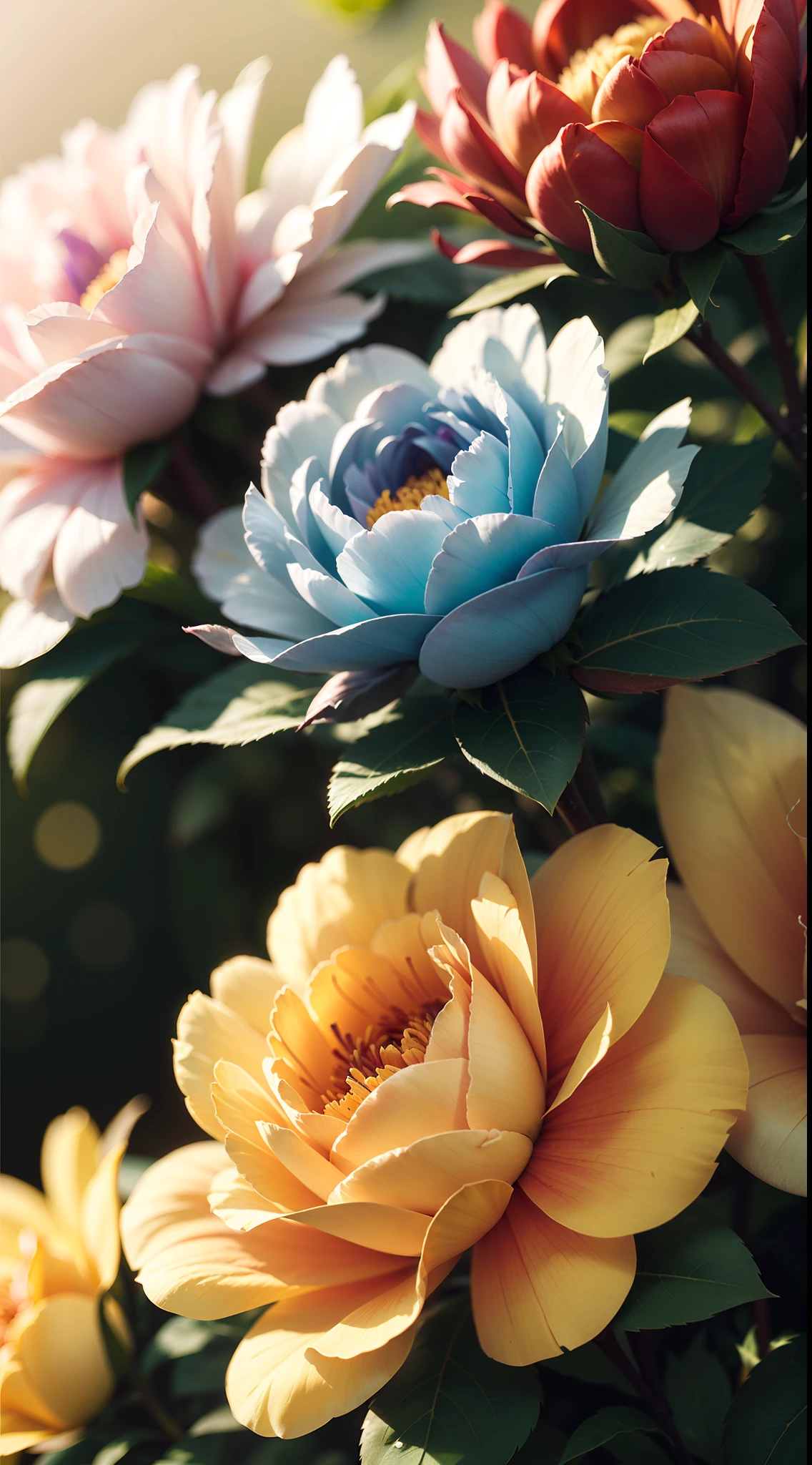 Masterpiece , Macro photography , cobweb, film grain, bokeh , green smoke , highly detailed, sunny weather, microflowers, shine, blur, realistic crystal rose and shaggy peony close-up, azure background, soft contrast, octane render ,