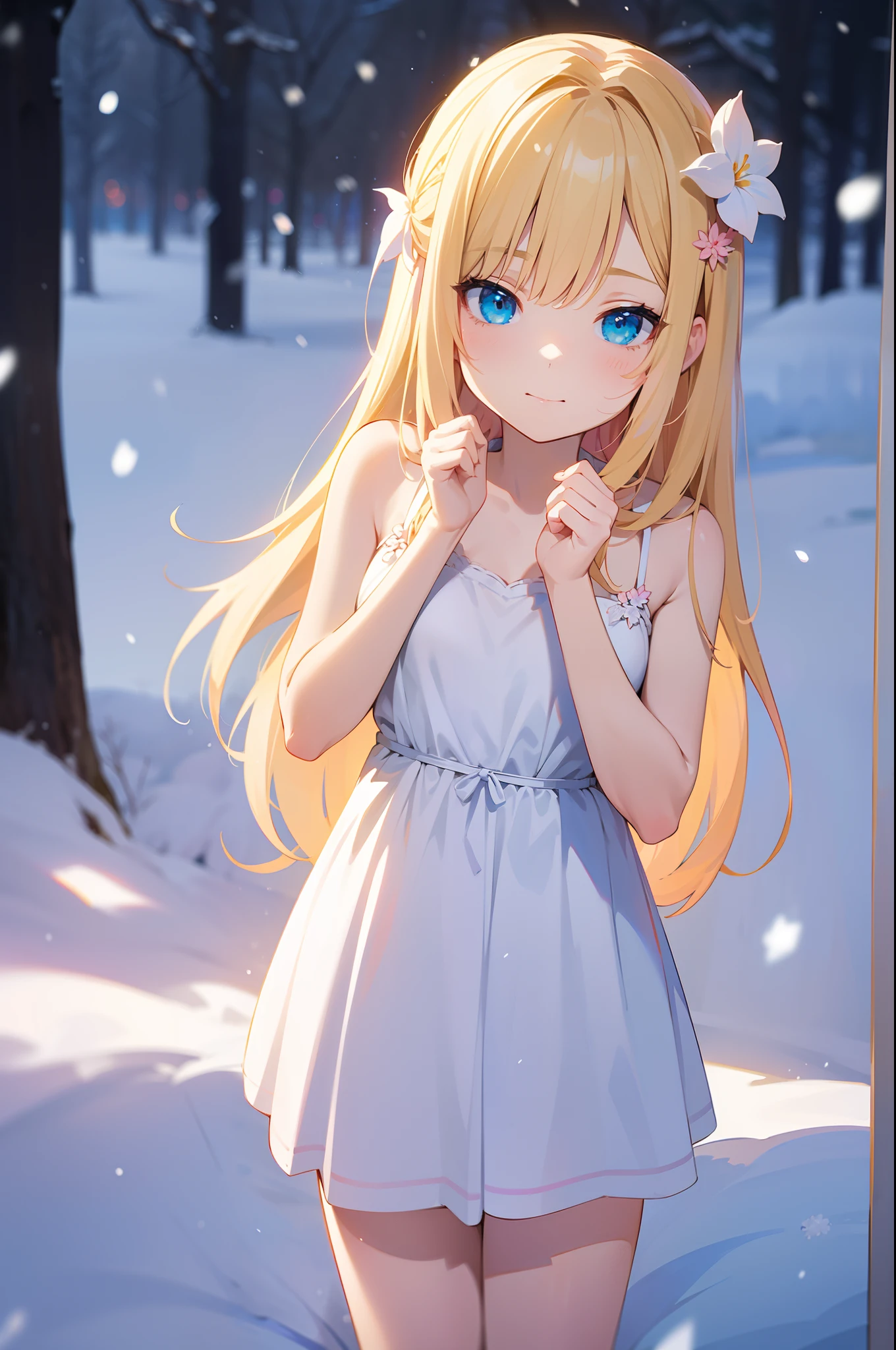 1girll，outside，snow, light, Characters and pictures live in harmony，Light and shadow flower, Detailed，High picture quality，Good quality，high qulity，white dresses，Pink hair mixed with blonde hair，Good body，Background with，Rich scenes，The background of the details，eventide，greene eyes