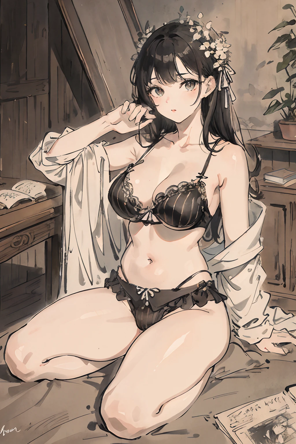 (tmasterpiece,best qualtiy:1.2),an oil painting,Colossal tits,Bra with dark color and white stripes,sit pose,Opening legs,