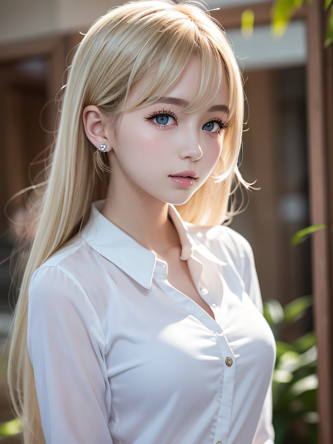 portlate、School Uniforms、bright expression、poneyTail、Young shiny shiny white shiny skin、Best Looks、Blonde reflected light、Platinum blonde hair with dazzling highlights、shiny light hair,、Super long silky straight hair、Beautiful bangs that shine、Glowing crystal clear attractive big blue eyes、Very beautiful nice cute girl、Lush bust,White and beautiful blouse、((The whole body is visible1.5))++、